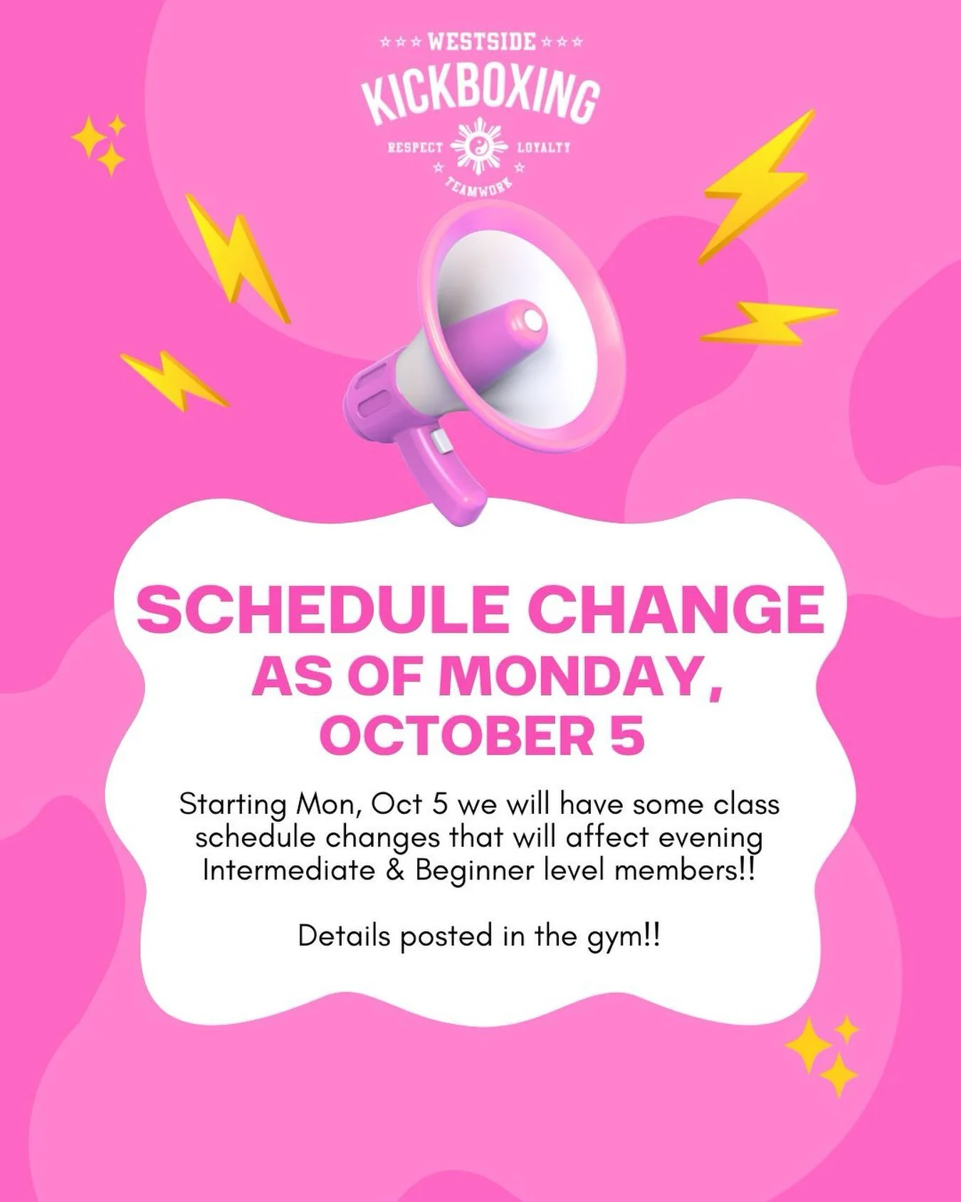Starting Monday, October 5 we will have some class schedule changes that will affect evening Intermediate &amp; Beginner level members!!

Details posted in the gym!!