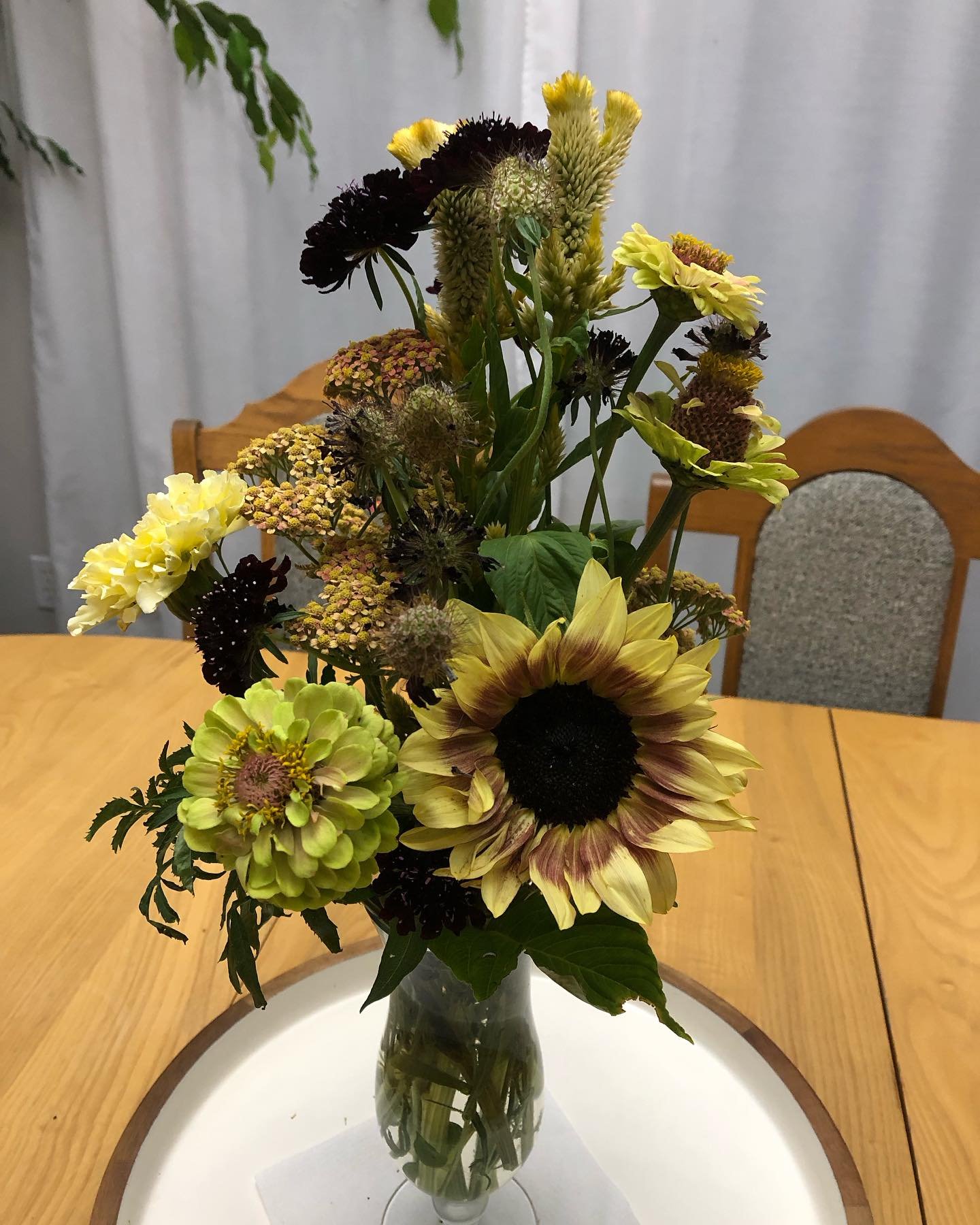 Interesting colours. Love the uniqueness of each bloom, scabiosa, celosia, sunflower, zinnia, yarrow, and marigold. Feels a little fallish!