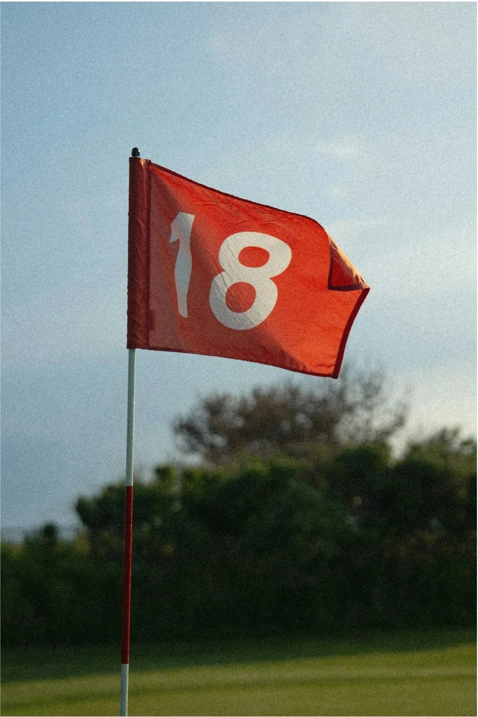 Red golf flag with the number 18 on it, standing on a golf course with trees in the background.