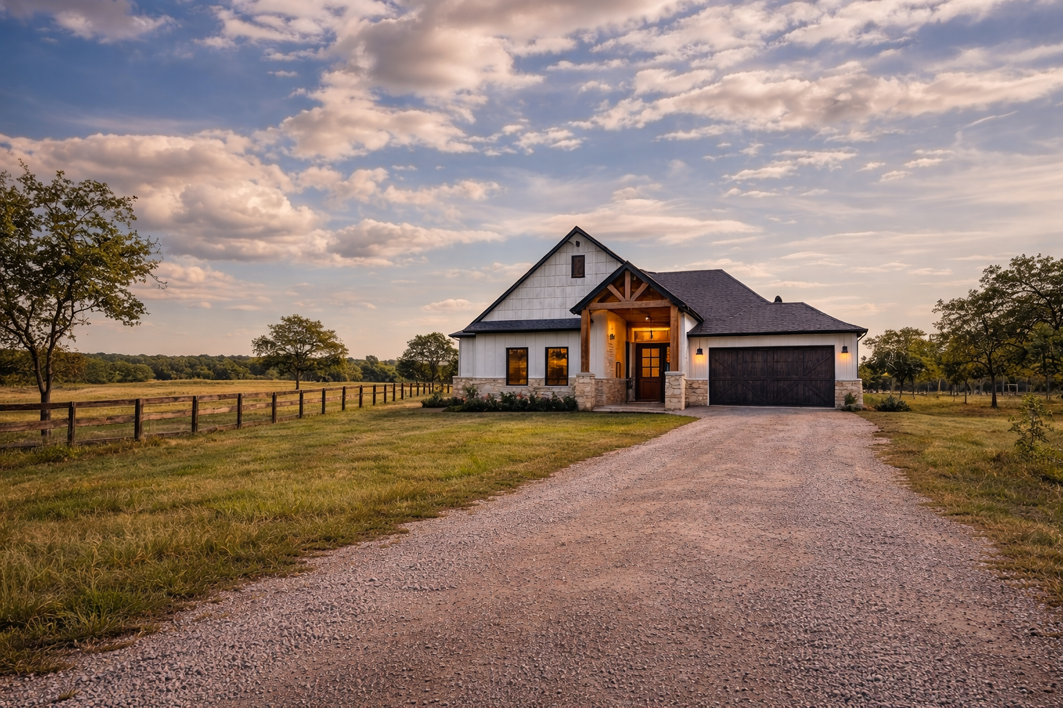 A house with a stone and wood exterior, garage, and porch, situated on a grassy field with a gravel driveway, trees, and a partly cloudy sky at sunset.