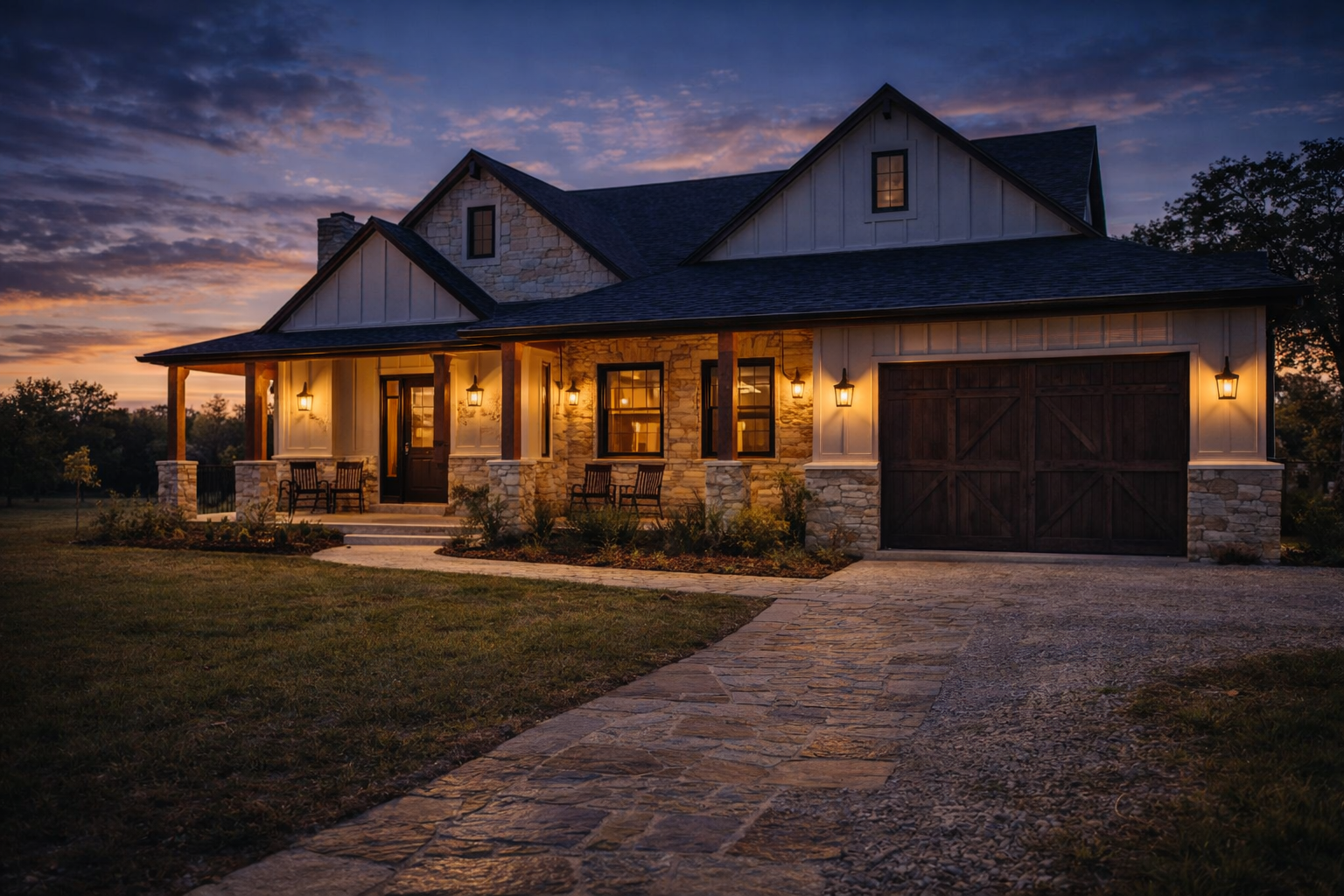 A cozy house at sunset with warm exterior lights, stone and wood features, a front porch with seating, and a paved driveway.