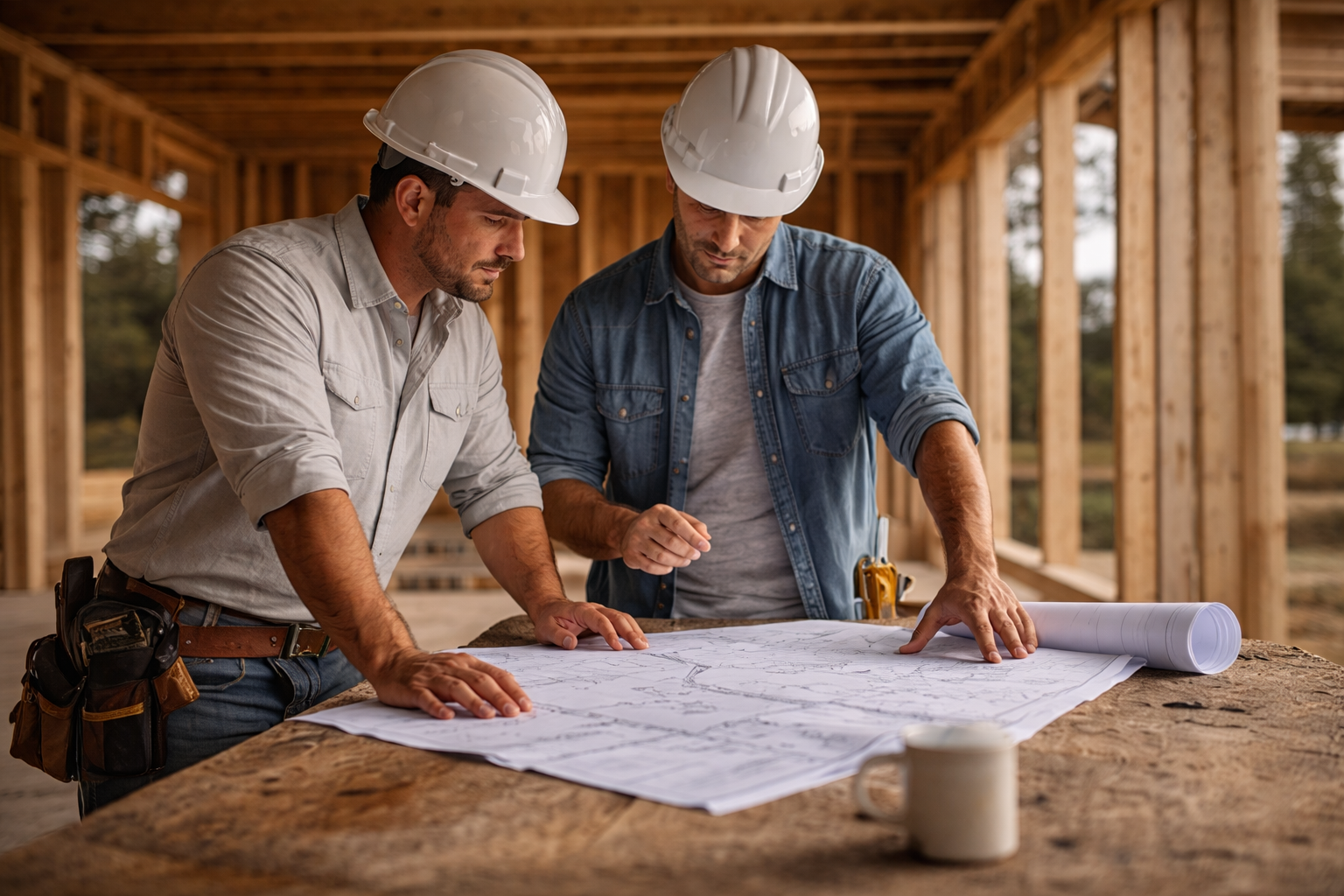 Two male construction workers reviewing blueprints on a wooden table at a building site.