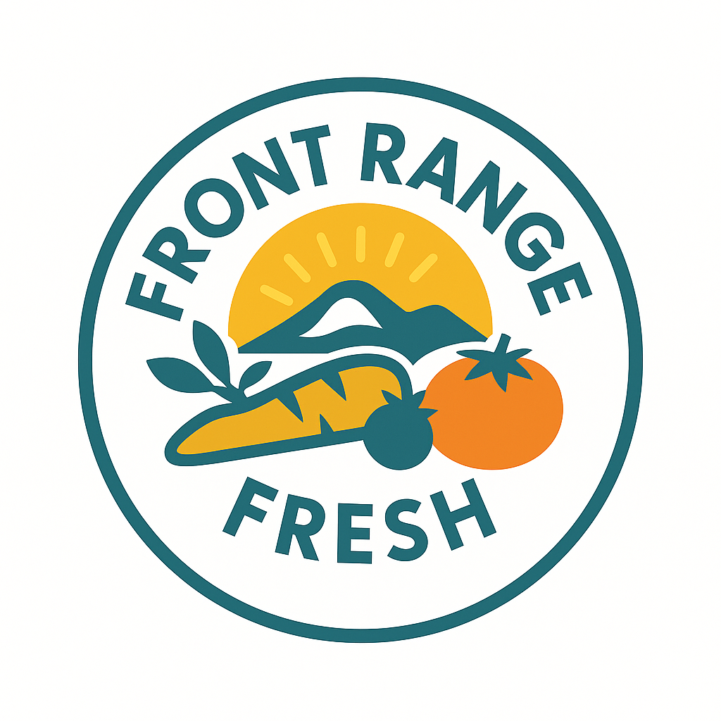 A circular logo with the words "Front Range Fresh". Inside the circle, there are illustrations of a mountain, a sun, and fresh vegetables including a carrot, a tomato, and a berry.