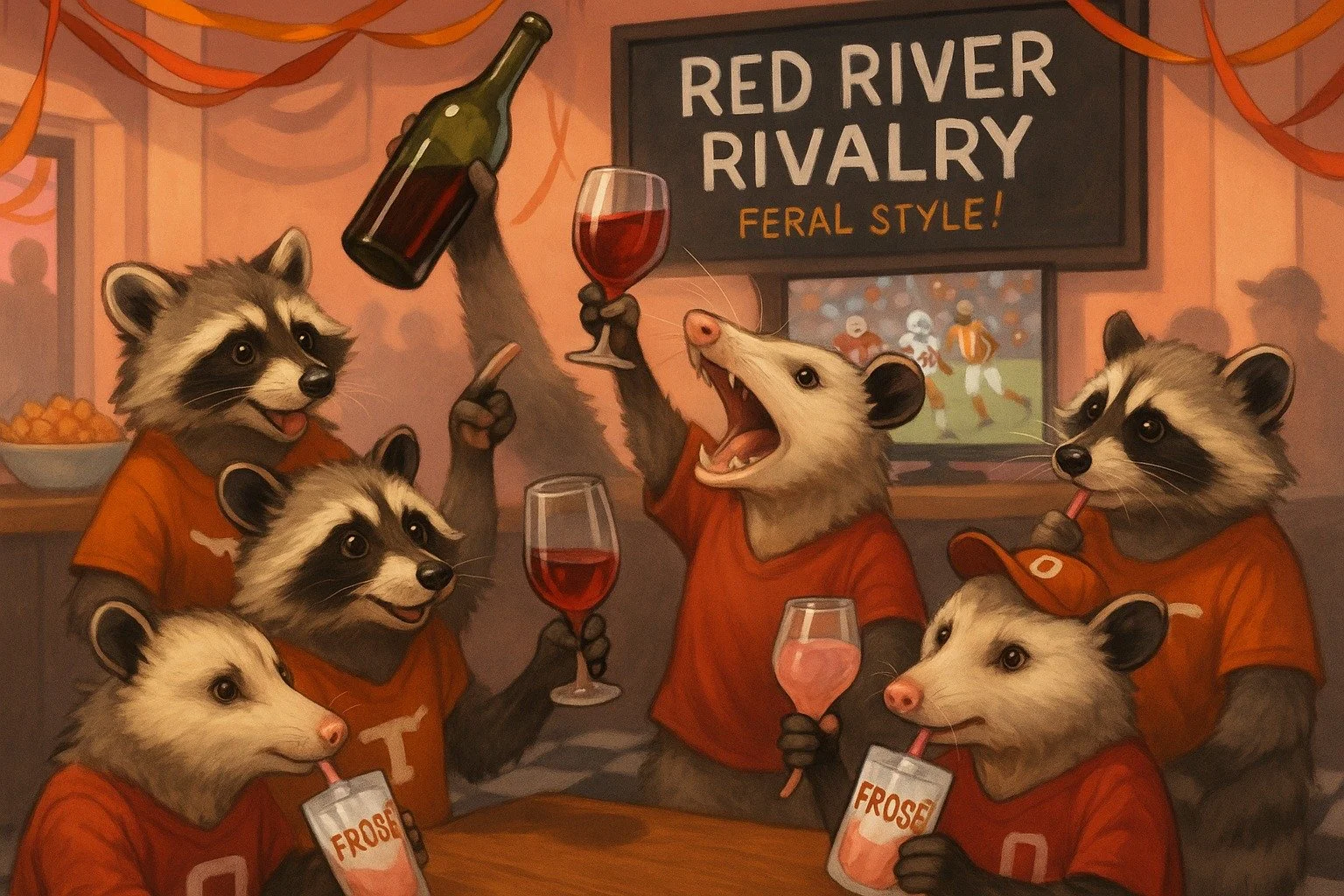 It&rsquo;s Red River Rivalry time! 🏈🍷
Football. Wine. Feral Energy.
Catch the game with us and cool off with a dangerously refreshing glass of Fros&eacute;.
Doors open &mdash; come early, stay loud. 💥

#RedRiverRivalry #FeralHousewifeWine #FroseAl