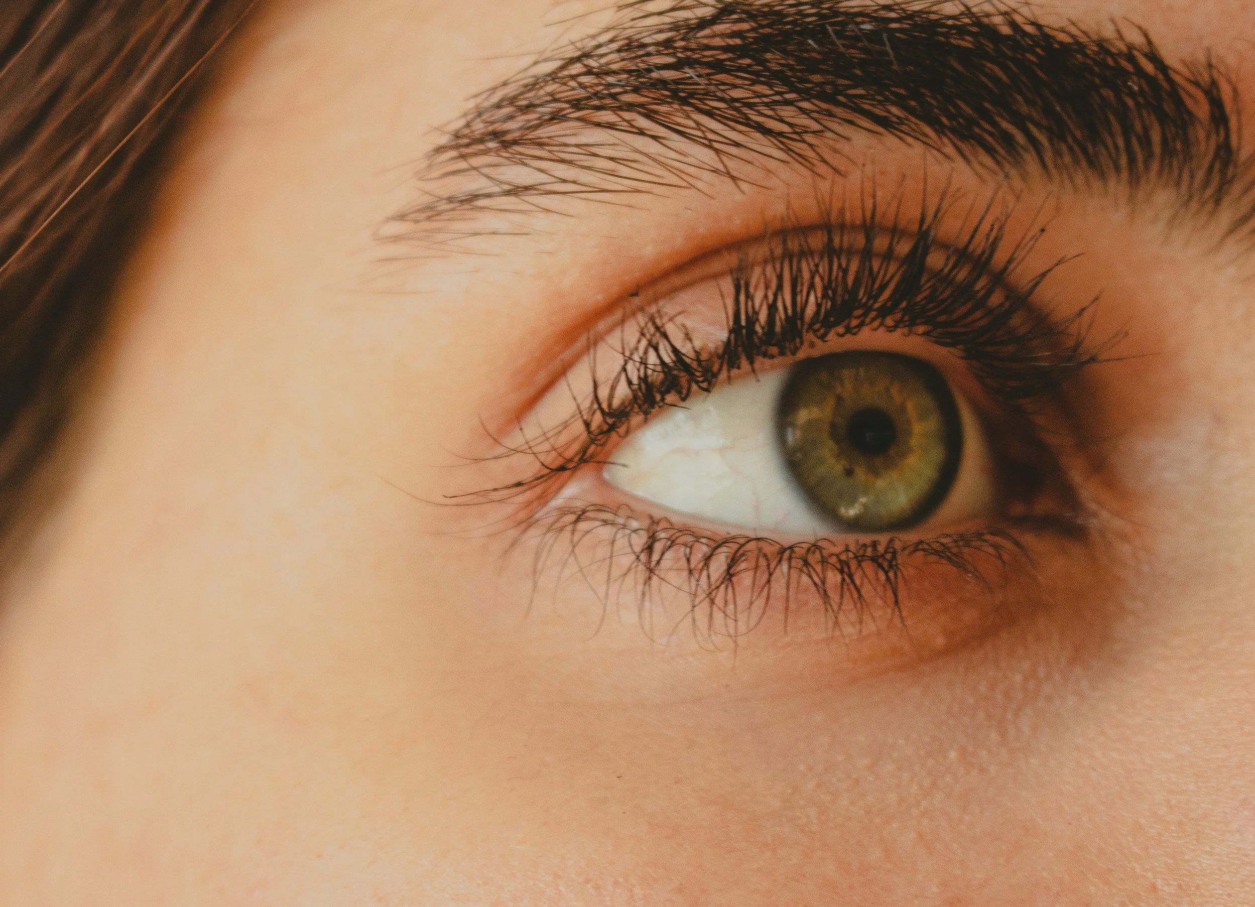 Close-up of a person's eye with hazel iris, long eyelashes, and a well-defined eyebrow.