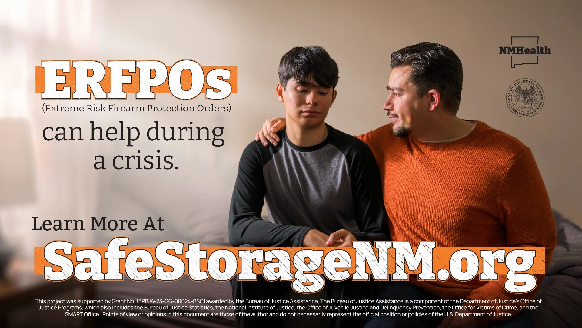 A father comforting his teenage son, with text promoting ERPOS and a website safestoragerm.org to help during a crisis, with logos of NMHealth and New Mexico state seal.