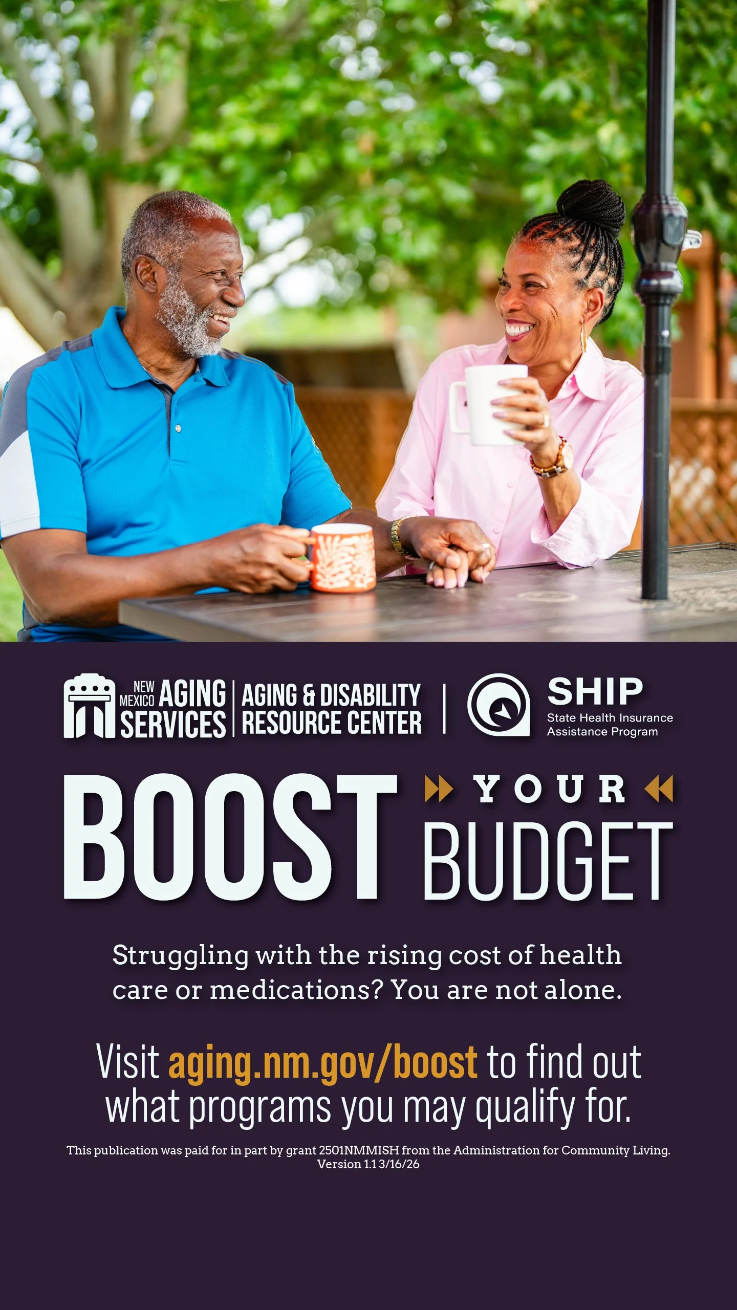 An older man and woman sitting at an outdoor table, smiling and holding mugs, with trees in the background, promoting resources for aging and disability in New Mexico.