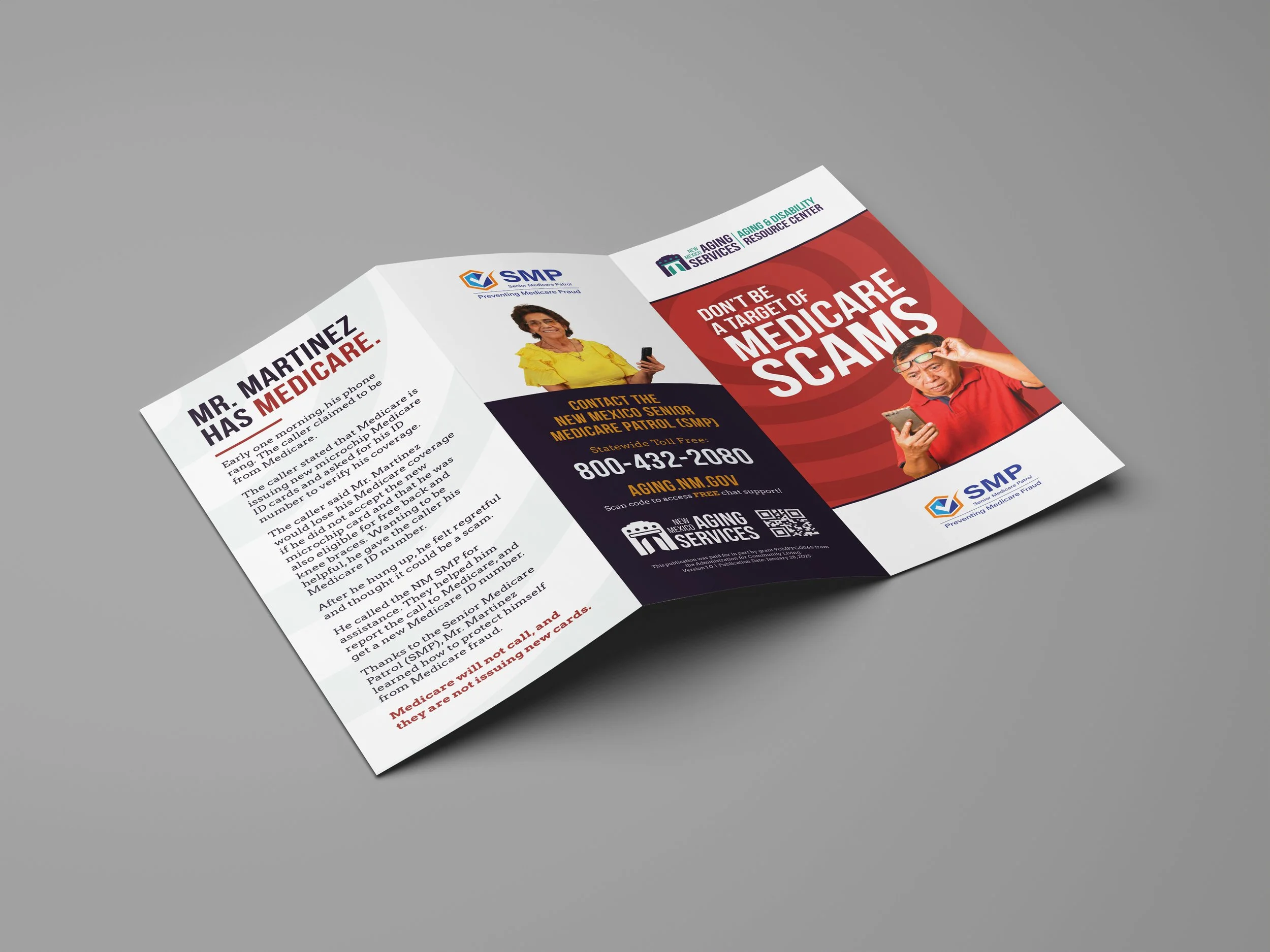 Brochure or flyer about Medicare scams with headline 'Don't be a target of Medicare scams' featuring images of a woman holding a phone and a man looking at his phone, and contact information for New Mexico Senior Medicare Patrol.