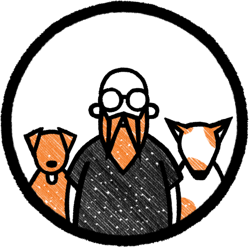 Illustration of a man with glasses, a beard, and a black shirt, standing between a dog and a cat.
