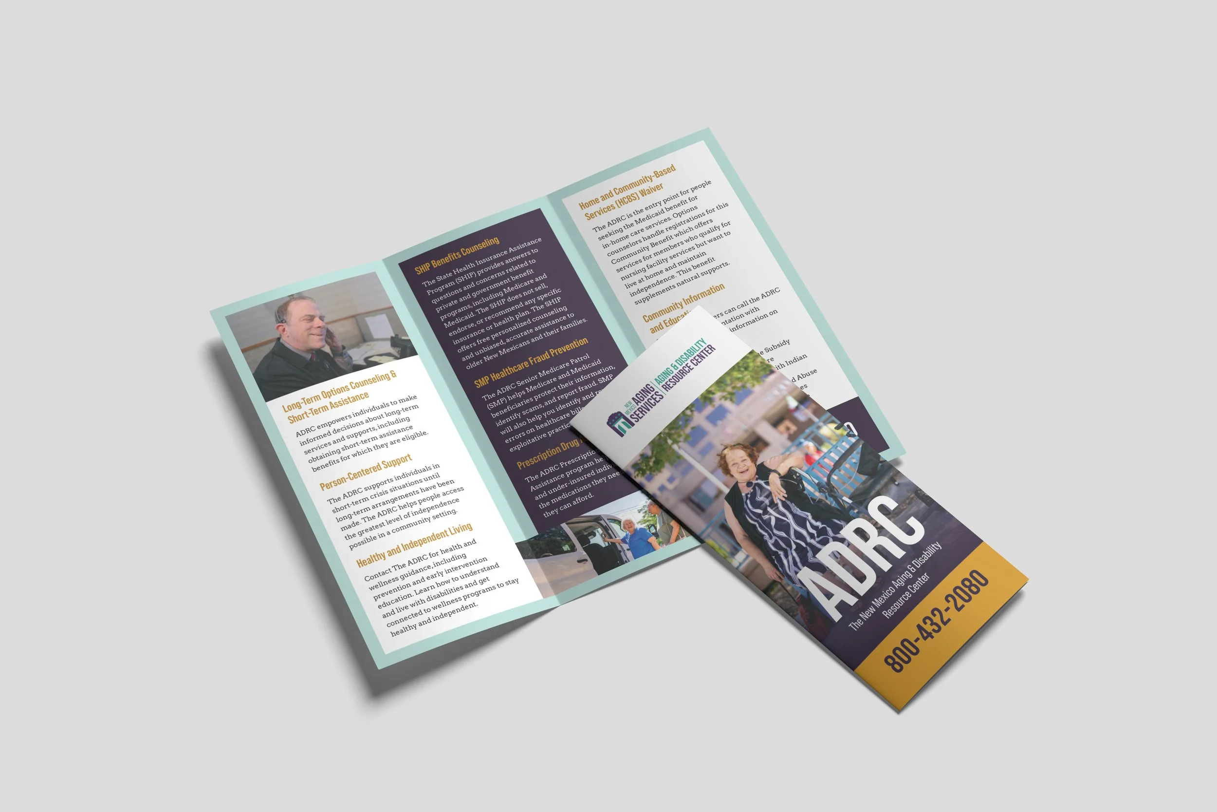 Brochure inside for the ADRC aging and disability resource center, featuring images of seniors and contact information, with sections about healthcare benefits, community programs, and support services.