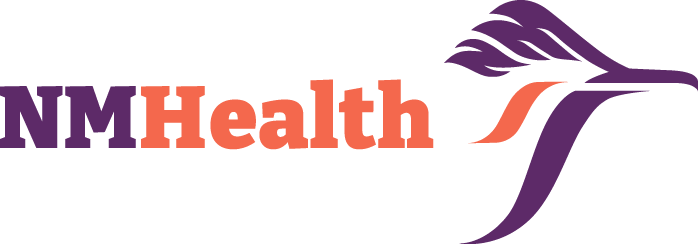 NMHealth logo with purple, orange, and black text and a stylized purple and orange feather design.