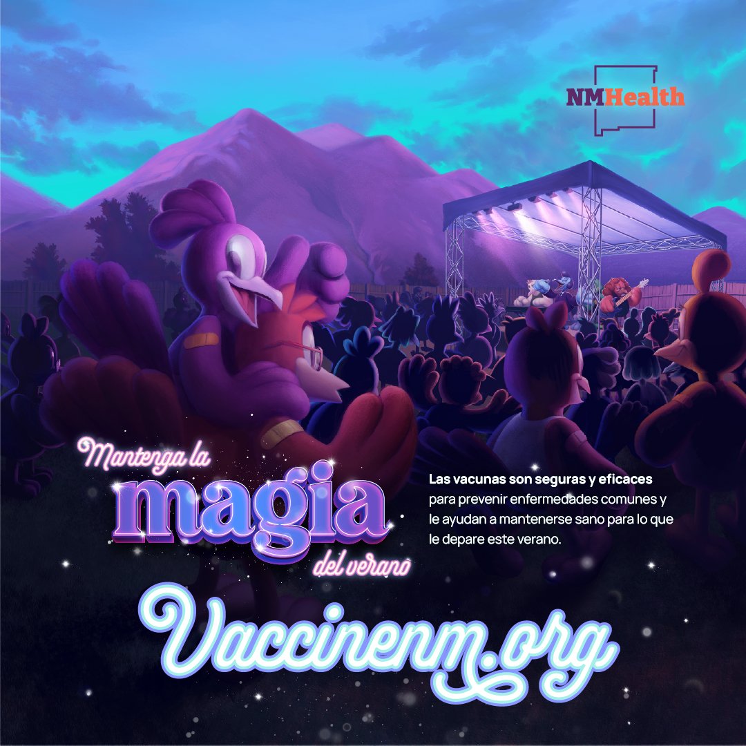 A colorful animated poster promoting summer vaccinations. It features a cartoon rooster mascot, a crowd of anthropomorphic animal characters at an outdoor concert with a mountain backdrop, and the text 'Mantenga la magia del verano Vaccinem.org' along with a message about vaccines being safe and effective for preventing diseases and staying healthy during summer. The NMHealth logo is in the top right corner.