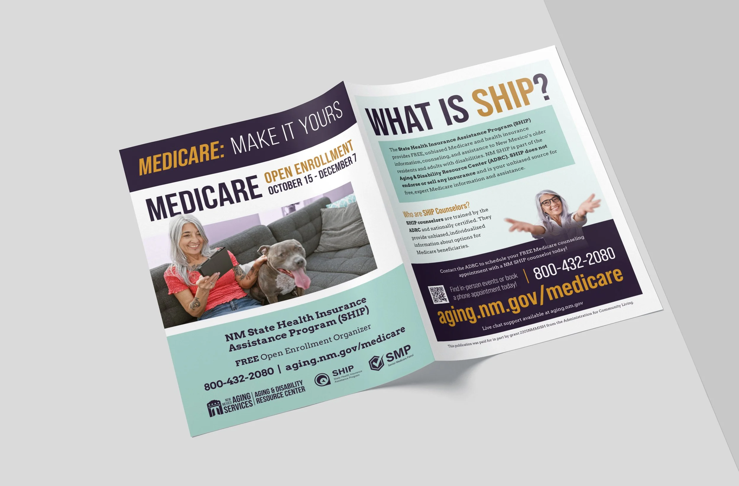 A brochure about Medicare open enrollment with a woman and a dog sitting on a couch, smiling, and showing a tablet. The brochure's back page asks 'What is SHIP?' and provides information about free health insurance services.