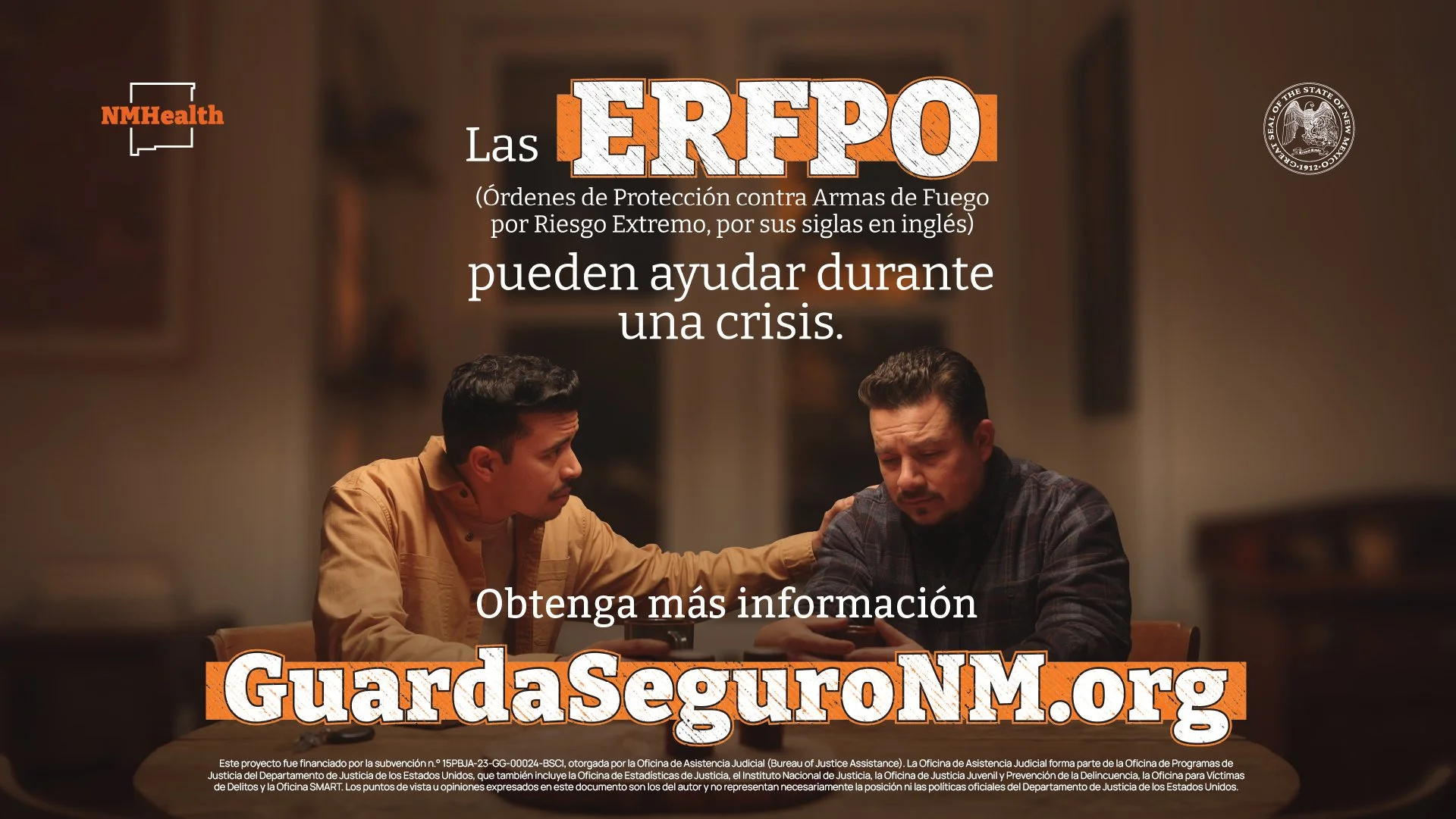 Two men sitting at a table, one comforting the other, with a blurred background and overlay text about firearm protection orders, and website info for GuardaseguroNM.org.