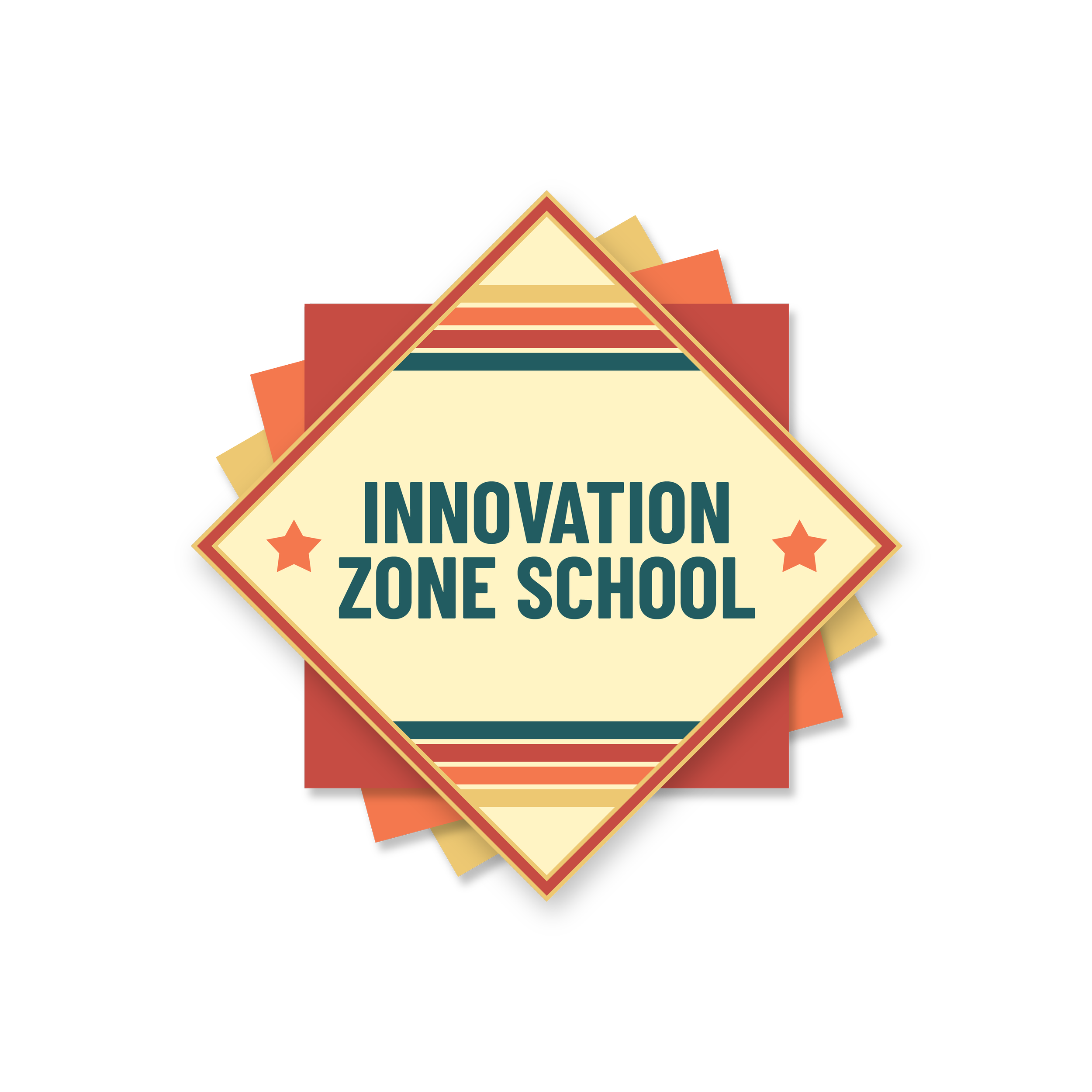 Colorful sign reading "Innovation Zone School" with star decorations.