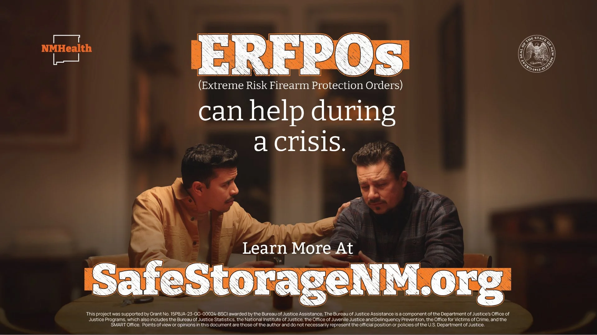 Two men sitting at a table, one comforting the other who looks distressed, with overlay text about ERPOs (Extreme Risk Firearm Protection Orders) helping during a crisis, and a website URL safestoragesNM.org.