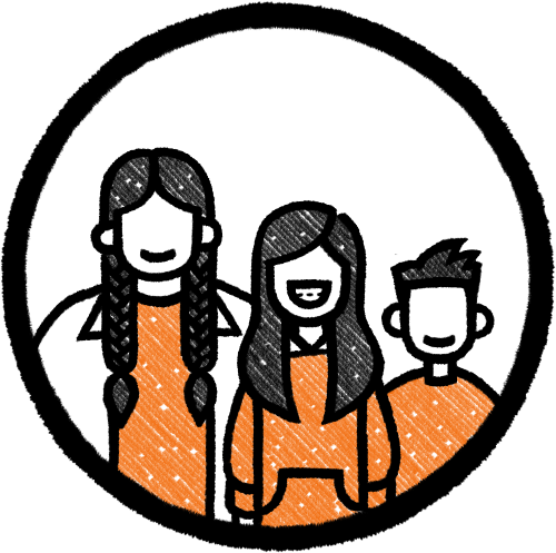 Illustration of three smiling people standing close together, a man with braids, a girl with long hair and braces, and a young boy with spiky hair, drawn in simple line art.