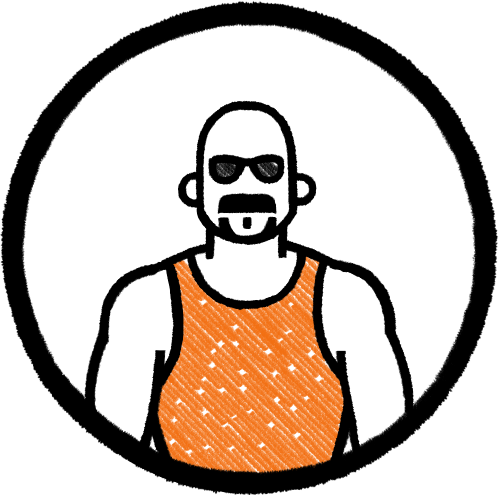 Cartoon illustration of a muscular man with glasses, a goatee, wearing sunglasses and an orange sleeveless shirt.