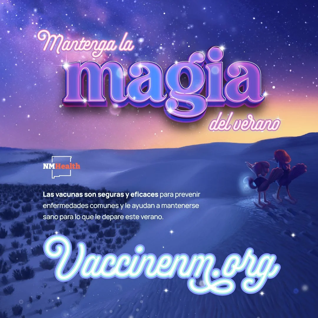 A digital graphic promoting summer magic and vaccinations, featuring a starry night sky, a desert landscape with two children walking, and text in Spanish and English about vaccines and a website.