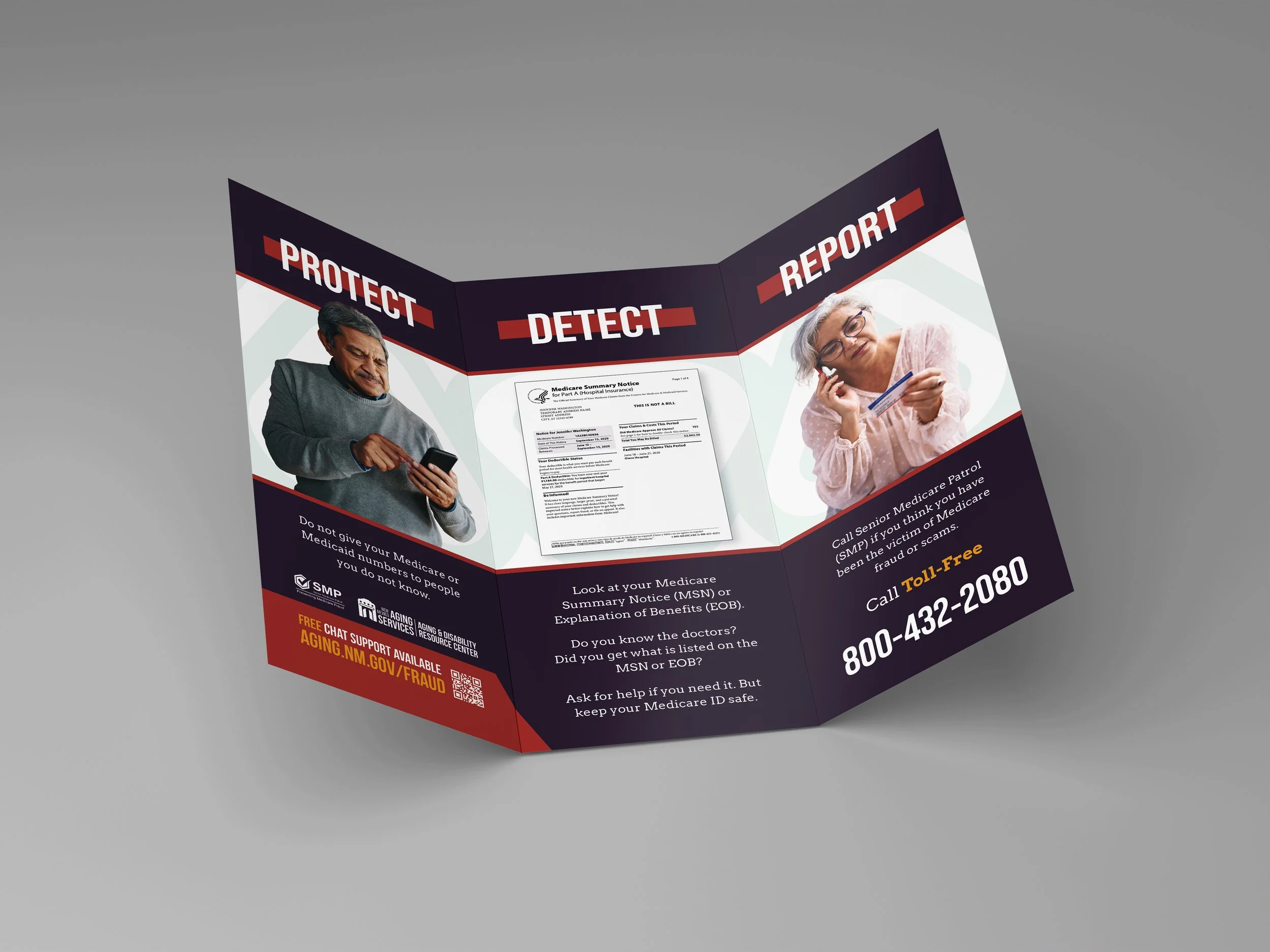 A tri-fold brochure with information and images about Medicare fraud detection and reporting, featuring an older man and woman.