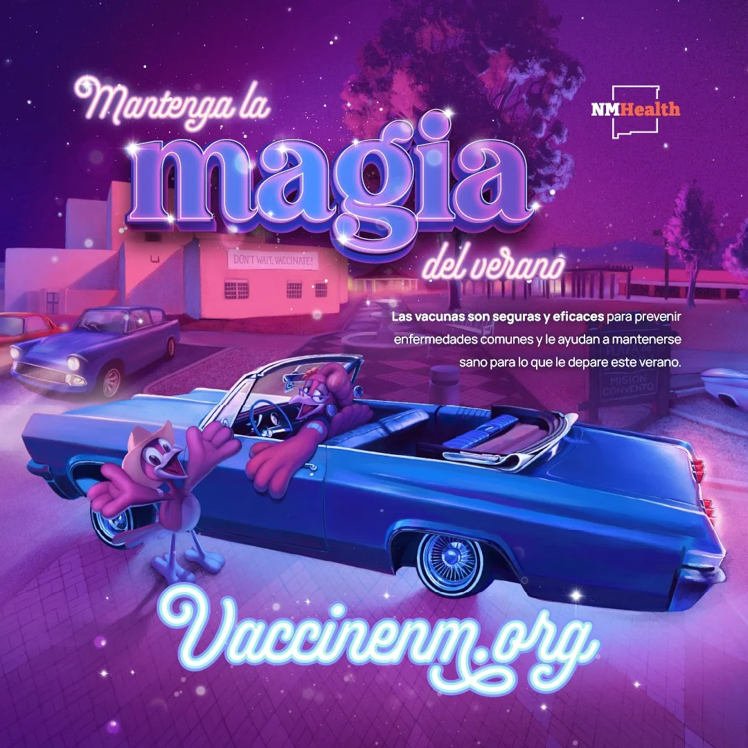 A digital illustration for a summer vaccination campaign featuring cartoon characters in a vintage blue convertible car, with a purple and pink color scheme, surrounded by parked cars and a building with a sign that says 'Don't wait. Vaccinate.' in the background. The text reads 'Mantenga la magia del verano,' promoting vaccines as safe and effective, with a website link 'VaccineNM.org'.