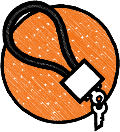 A stylized drawing of a gun lock with a key, set against an orange circular background.