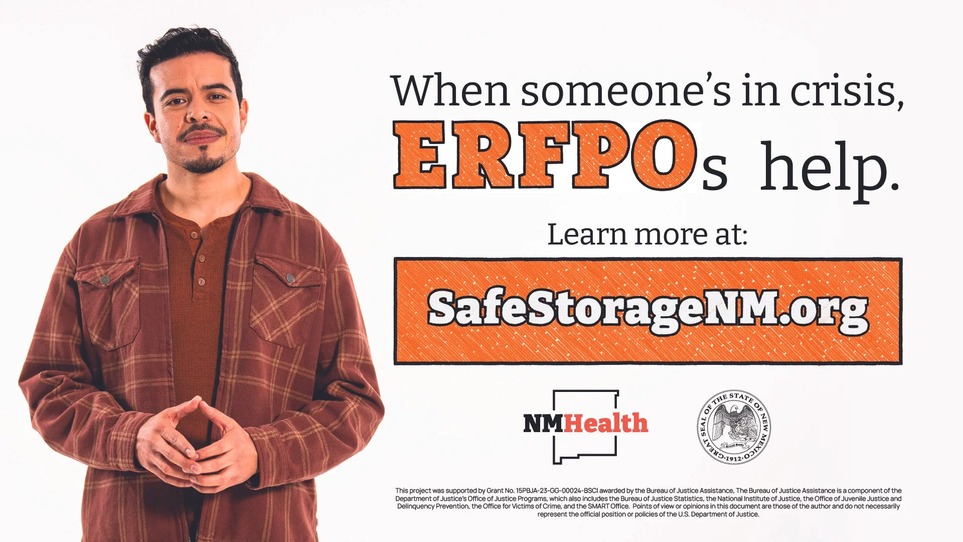 A man in a brown plaid jacket and rust-colored shirt standing beside a text advertisement for ERPO help, with a website link safestoragem.org. The image includes logos of NMHealth and the New Mexico state seal.