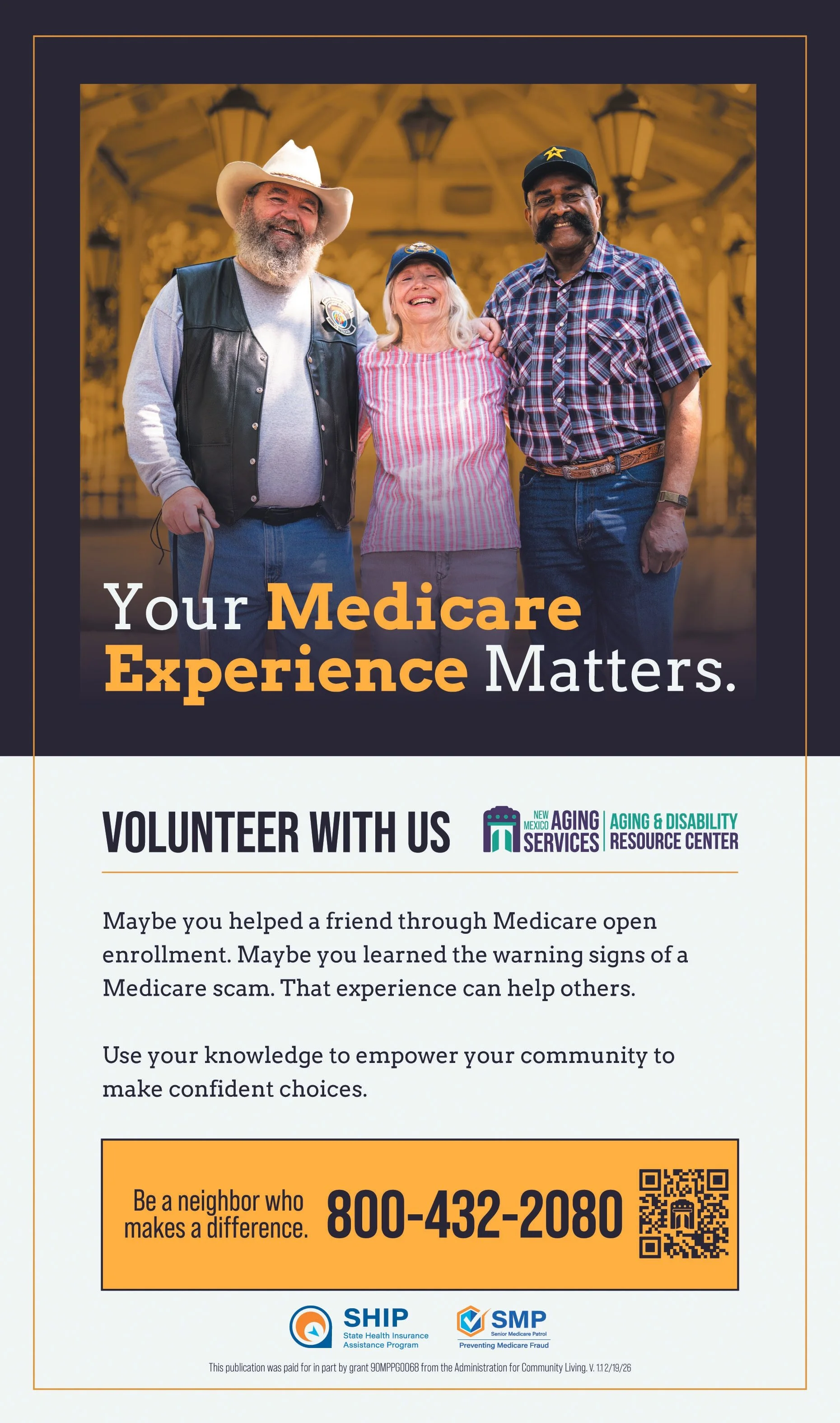 A flyer promoting volunteering with New Mexico Aging Services, featuring a photo of three smiling seniors in casual attire. The flyer emphasizes that experience with Medicare matters, encouraging community help and providing a large phone number for 