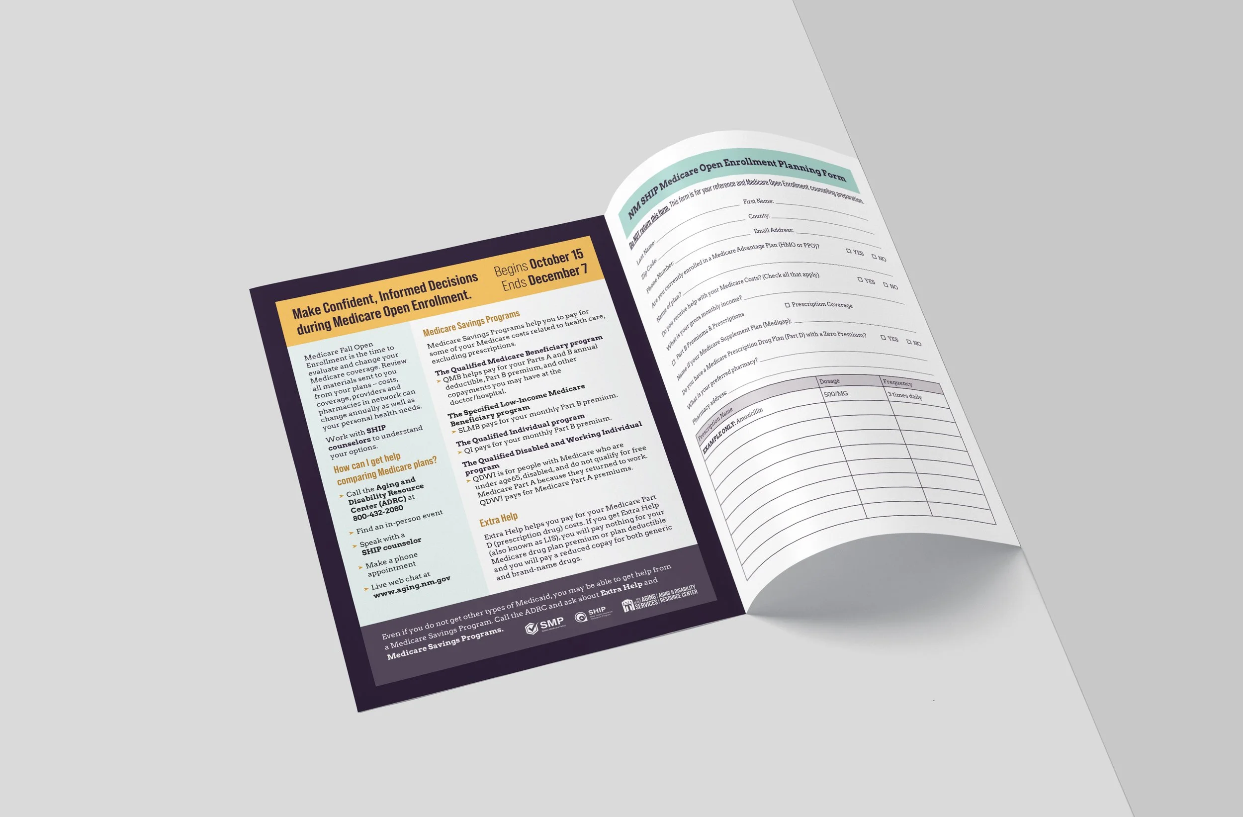A printed brochure about Medicare open enrollment, with information about plans, eligibility, and assistance resources, on a light gray background.