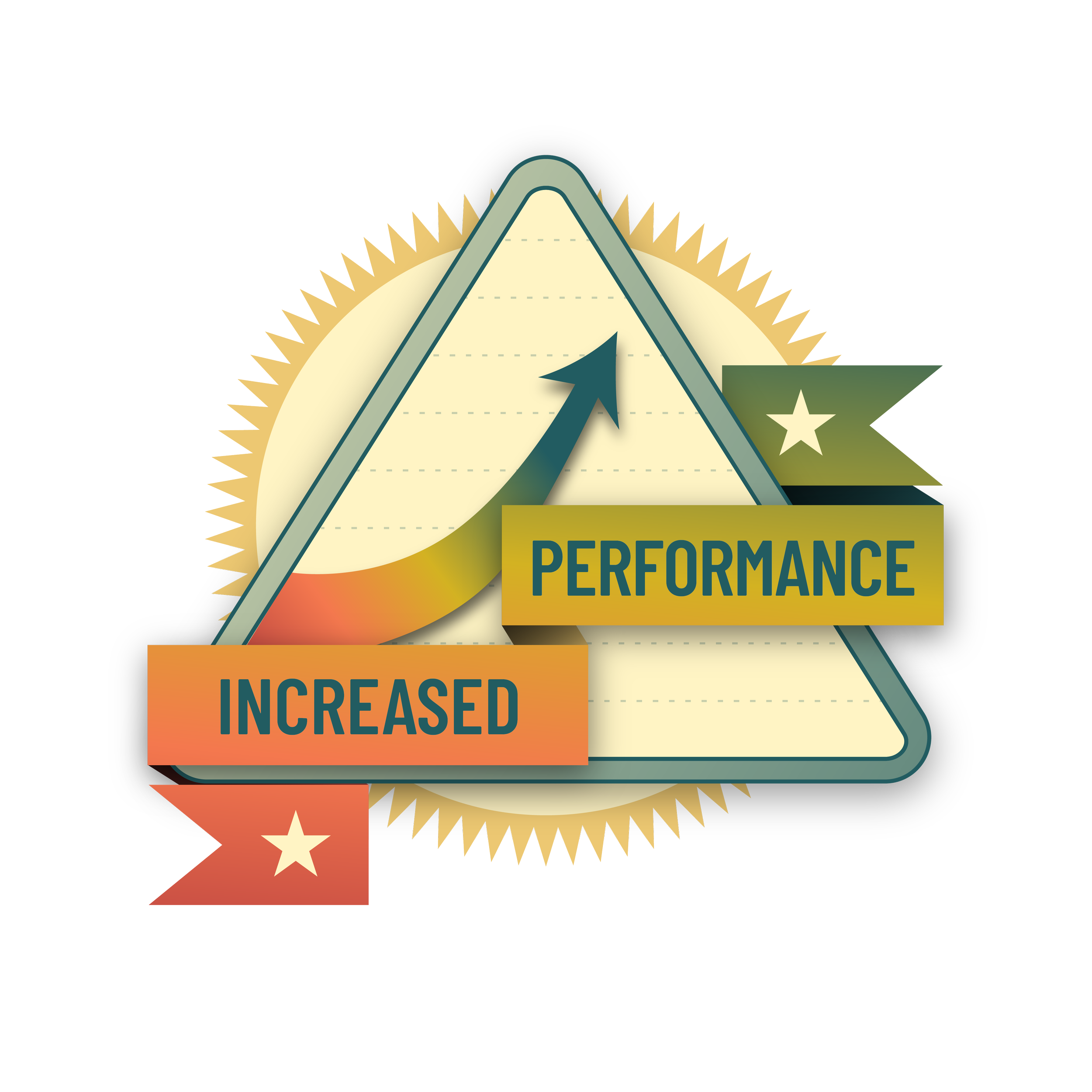 A star-shaped badge with the words "PERFORMANCE INCREASED" on it, featuring a ribbon and star design, in colors of green, yellow, and orange.