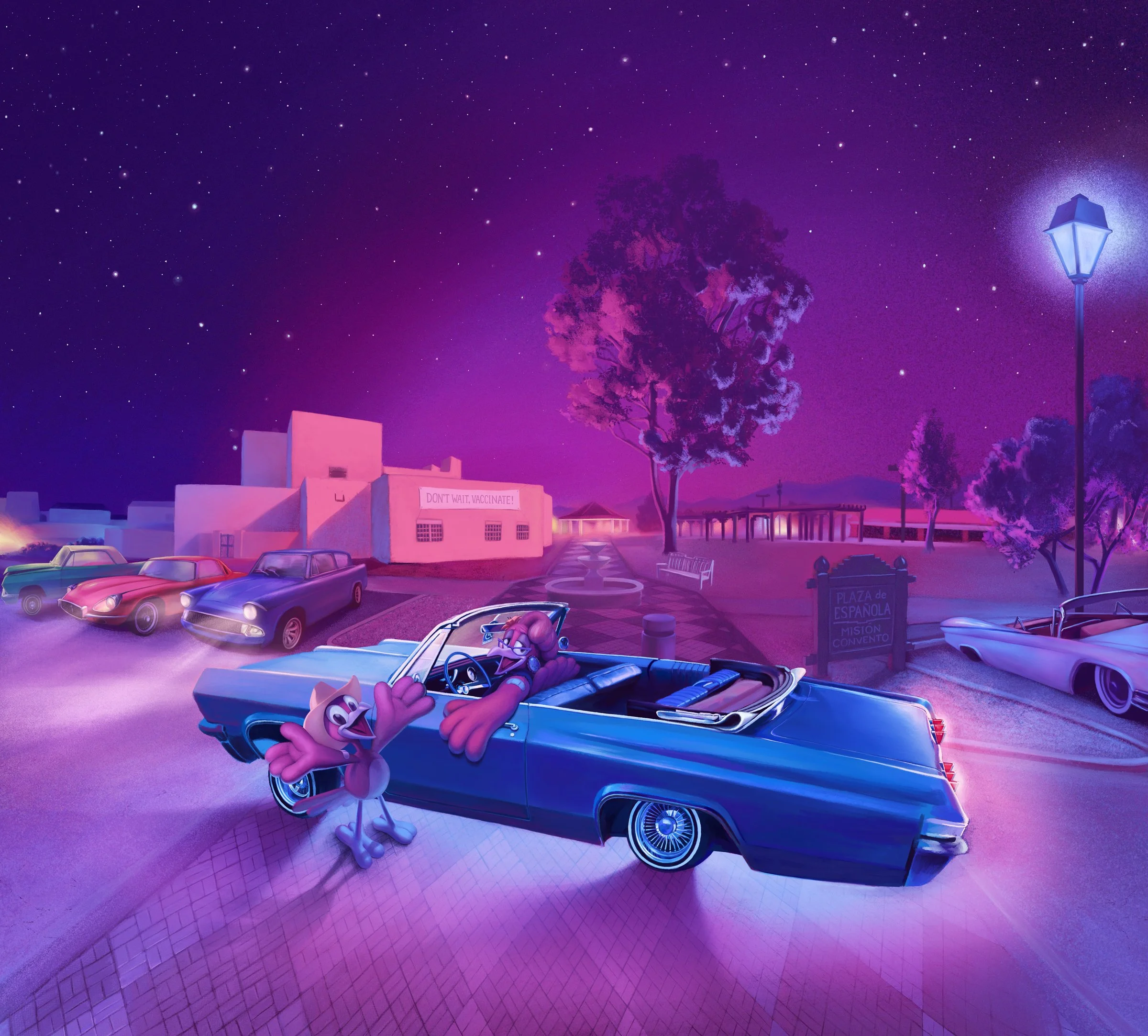 A cartoon purple monkey wearing glasses driving a classic blue convertible car on a city street at night. The street is illuminated by a blue lamp post, with a starry purple sky and a tree overhead. A sign says "Don't wait, vaccinate!" in the backgro