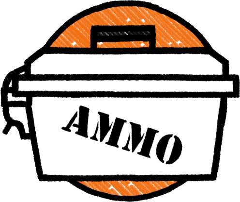 An ammunition box with a handle, labeled 'AMMO', in front of an orange circle.