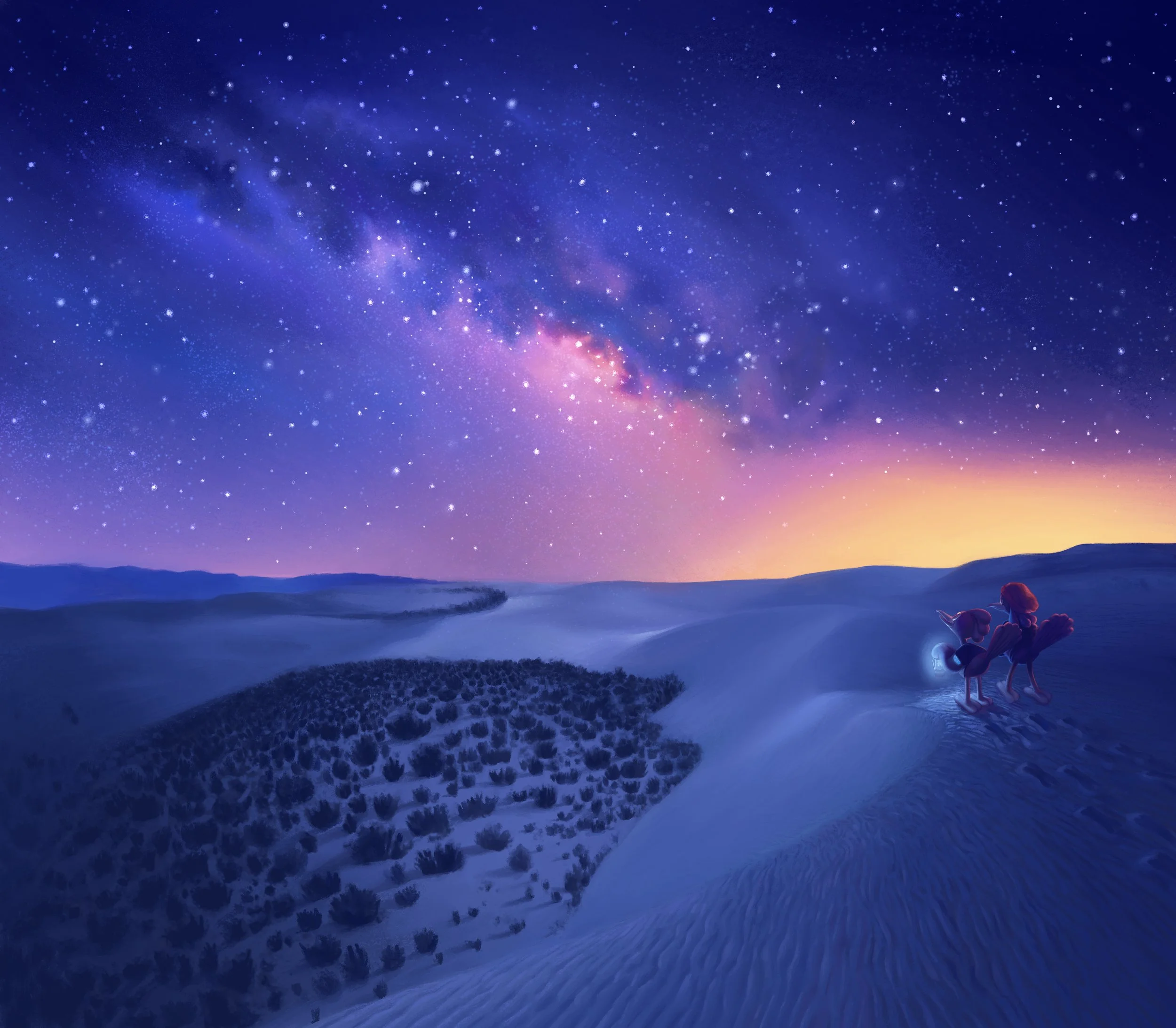 Illustration of two roadrunner characters at White Sands, New Mexico. One is carrying a lantern and they are both looking toward the night sky.