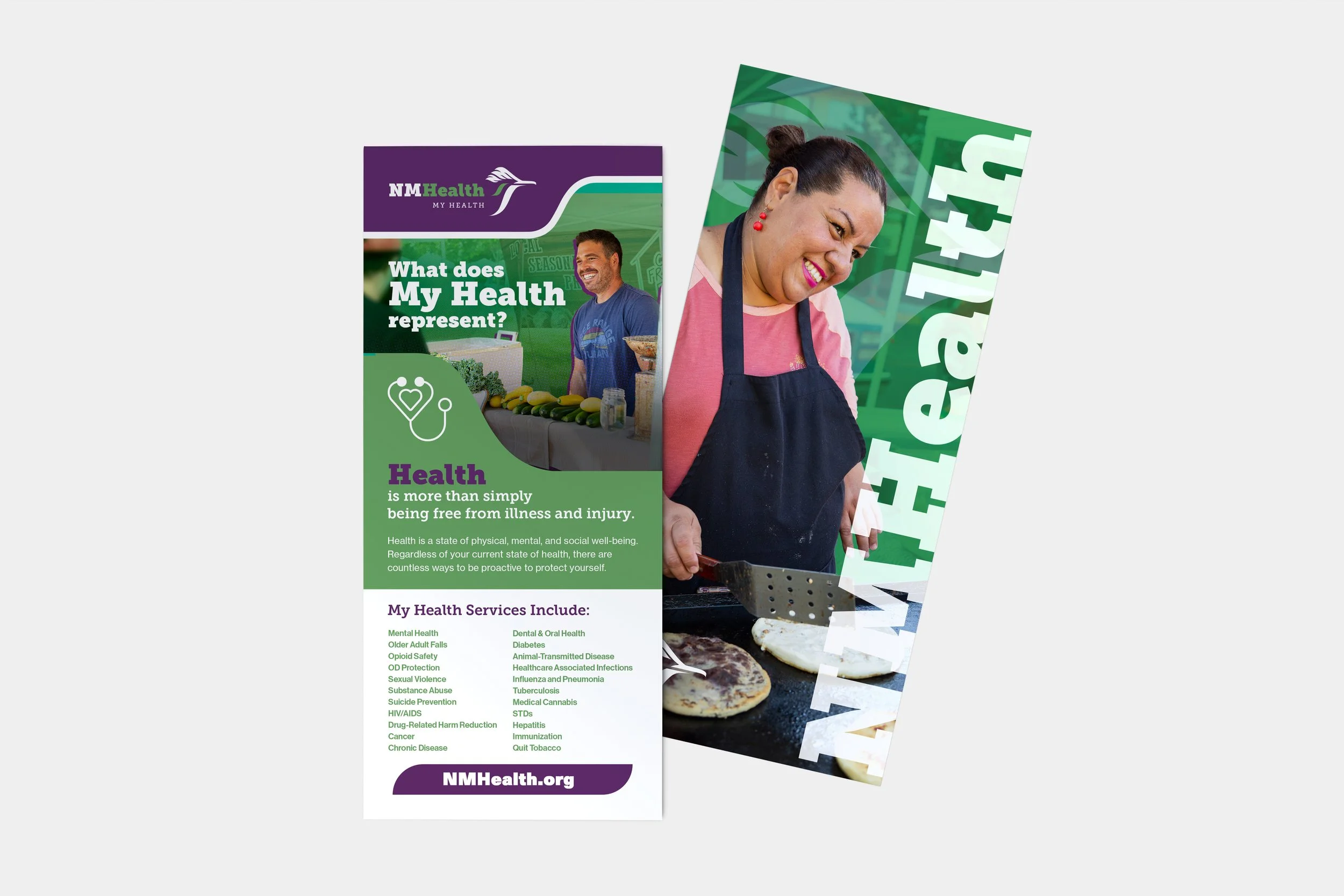 Brochure from NM Health with the title "What does My Health represent?" showing images of a man at a health booth and a woman cooking on a grill.