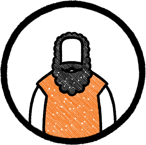 Illustration of a person with a dark beard wearing a sleeveless orange shirt.