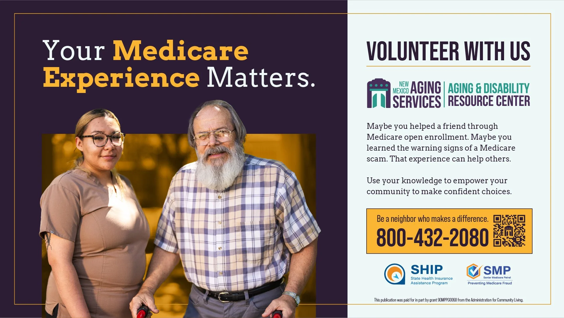 Poster for aging and disability services encouraging community volunteer efforts, featuring a photo of a young woman and an older man holding hands with walking canes and smiling.