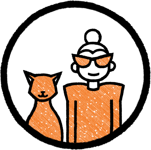 Illustration of a woman wearing sunglasses and a bun hairstyle, standing next to a cat, both in orange color with a black and white background.