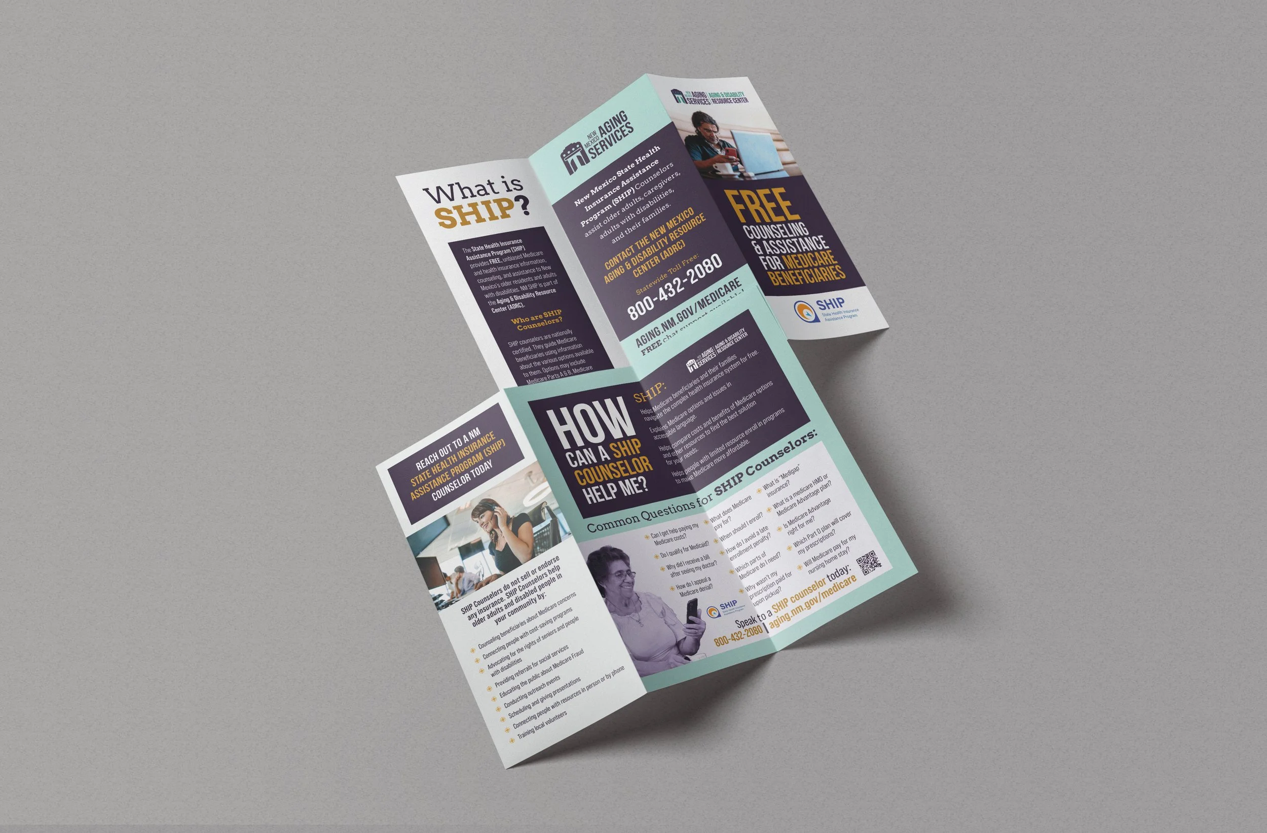 A tri-fold brochure related to aging services and health insurance assistance, featuring images of people and text in black, orange, and teal colors.