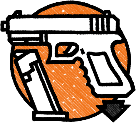 Line drawing of a handgun and magazine, with a large orange circle in the background.