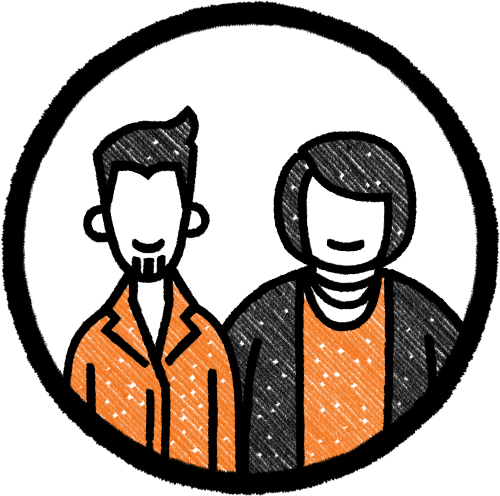 Cartoon illustration of two smiling people, one with a beard and the other with short hair, wearing jackets.