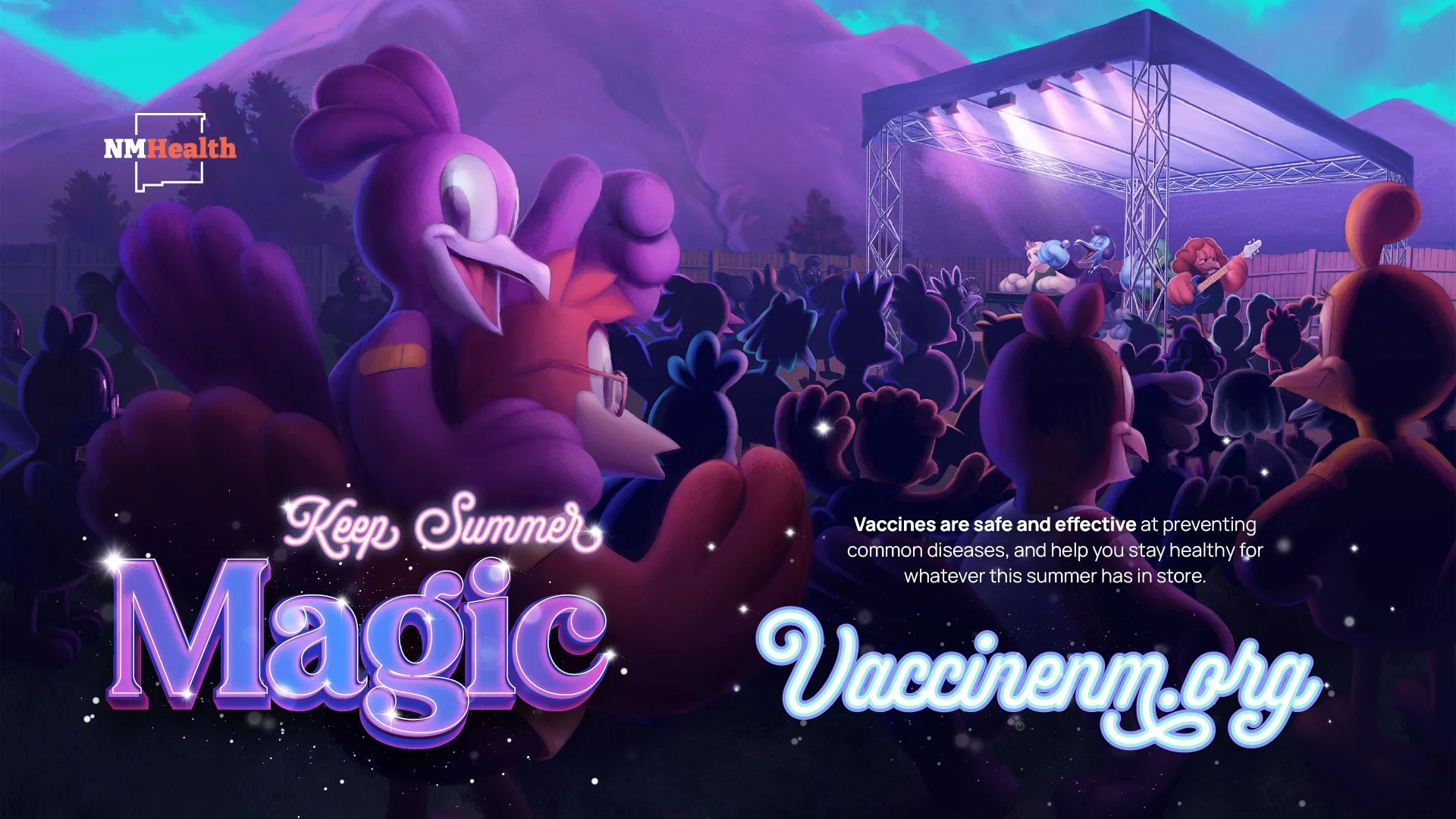 Illustration of a summer outdoor music event with cartoon animal characters, including a purple bird with glasses among the audience, and a stage with musicians under a canopy against a mountainous background at dusk or night, promoting summer health