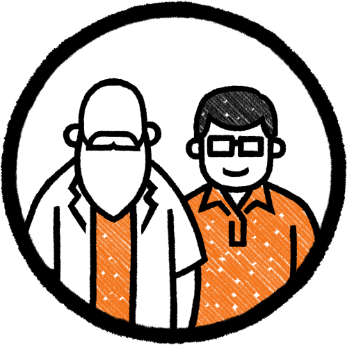 Line drawing of two men, one with a beard and mustache and the other with short hair, both wearing orange shirts, inside a circular frame.