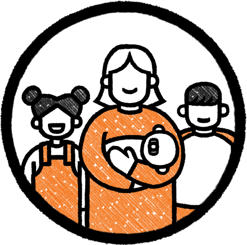 Cartoon illustration of three happy people, including a woman holding a baby, a girl with two buns, and a smiling young boy.