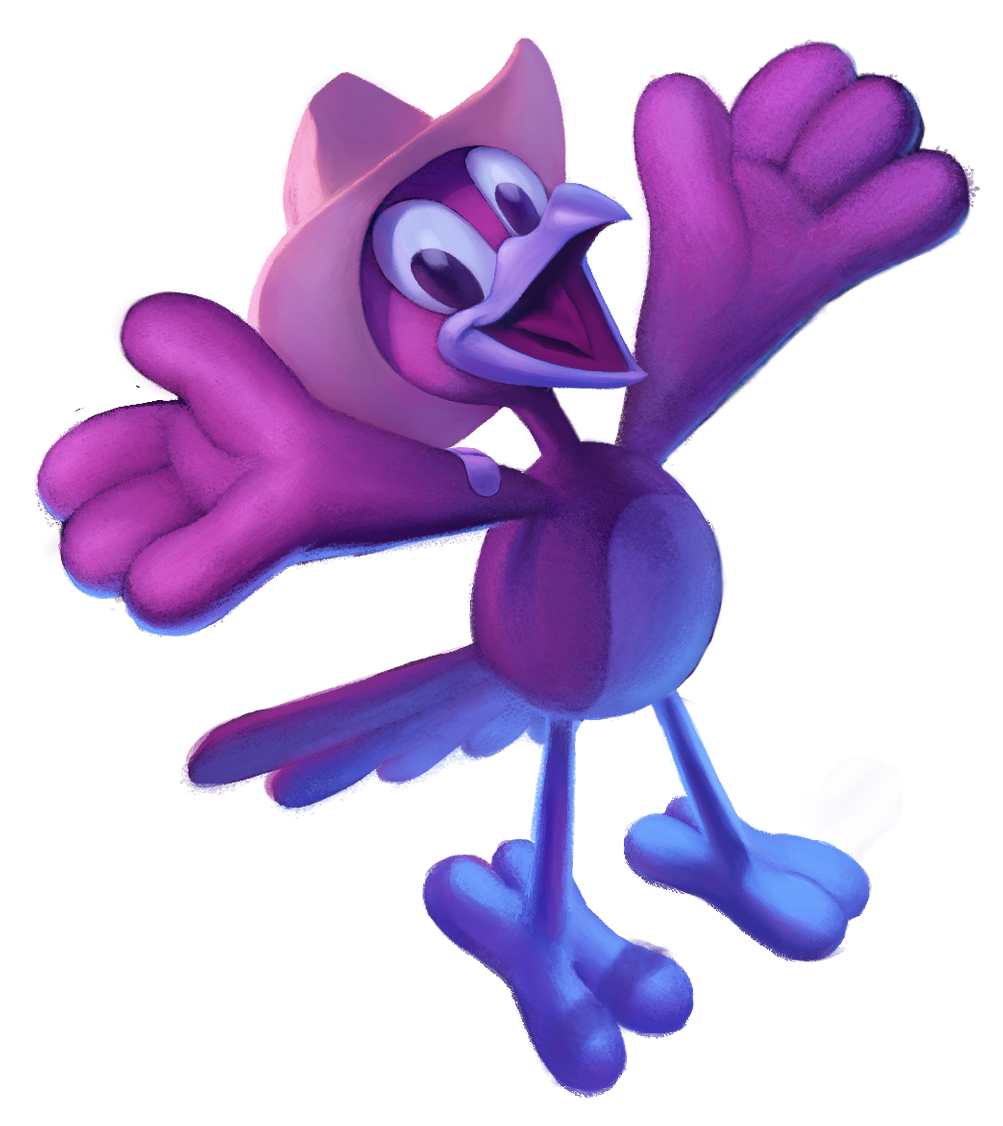 Illustrated purple cartoon roadrunner in a cowboy hat, standing arms wide open and smiling.
