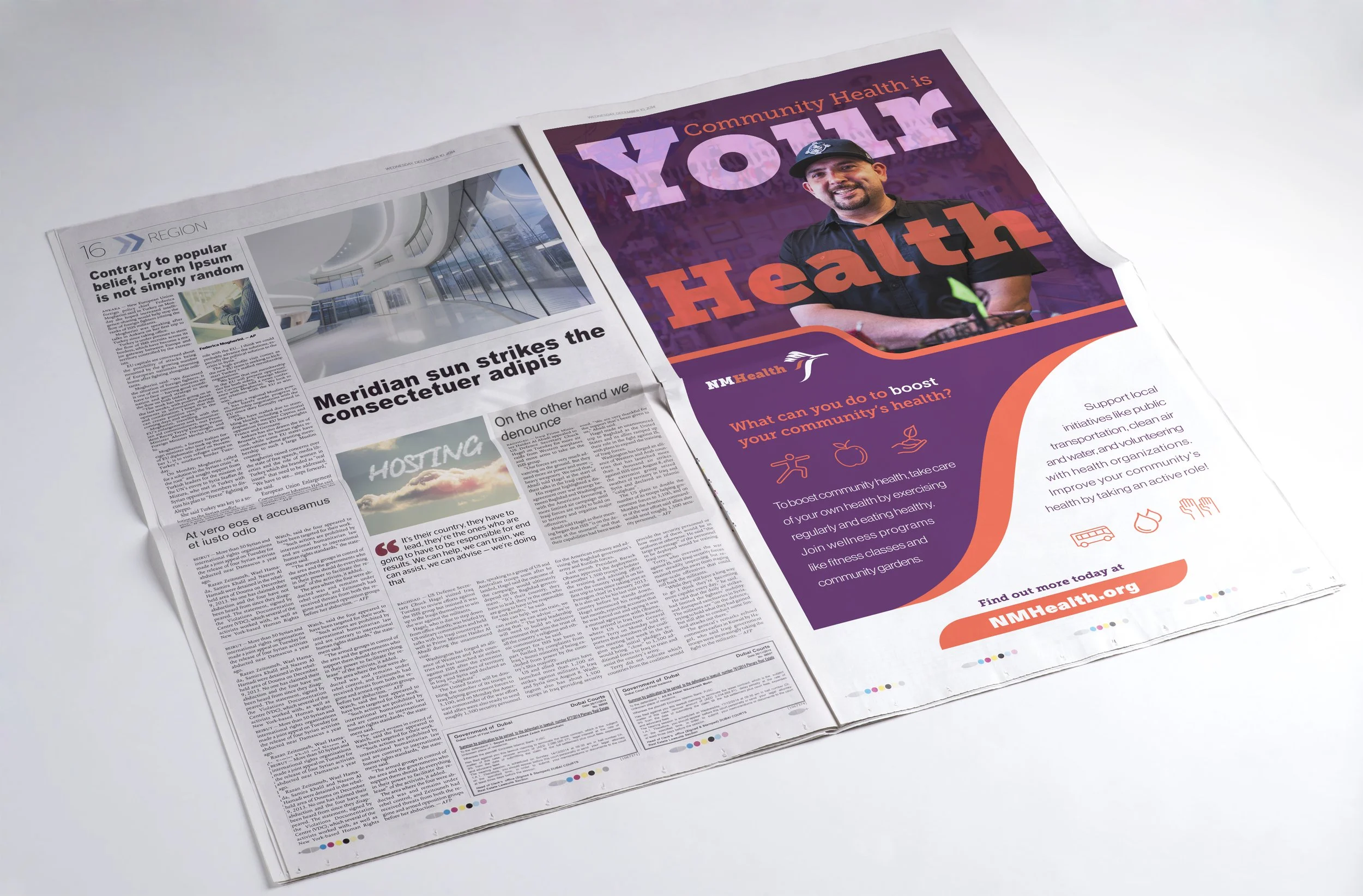 A folded newspaper on a white surface featuring an article with an image of a modern building on the left page and a colorful community health flyer on the right. The flyer promotes community health initiatives with a person smiling, wearing a cap, a