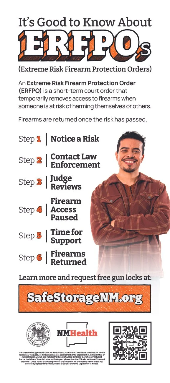 Informational poster about ERFPO, a short-term court order for firearm protection, with six steps: notice a risk, contact law enforcement, judge reviews, firearm access paused, time for support, firearms returned, featuring a smiling man in a plaid s