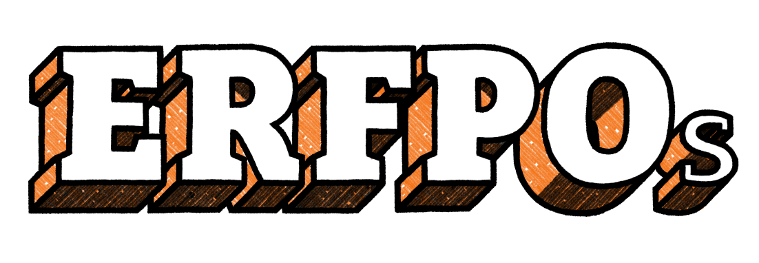 Text written in large bold letters spelling 'ERP POS' with orange shading and a black background.