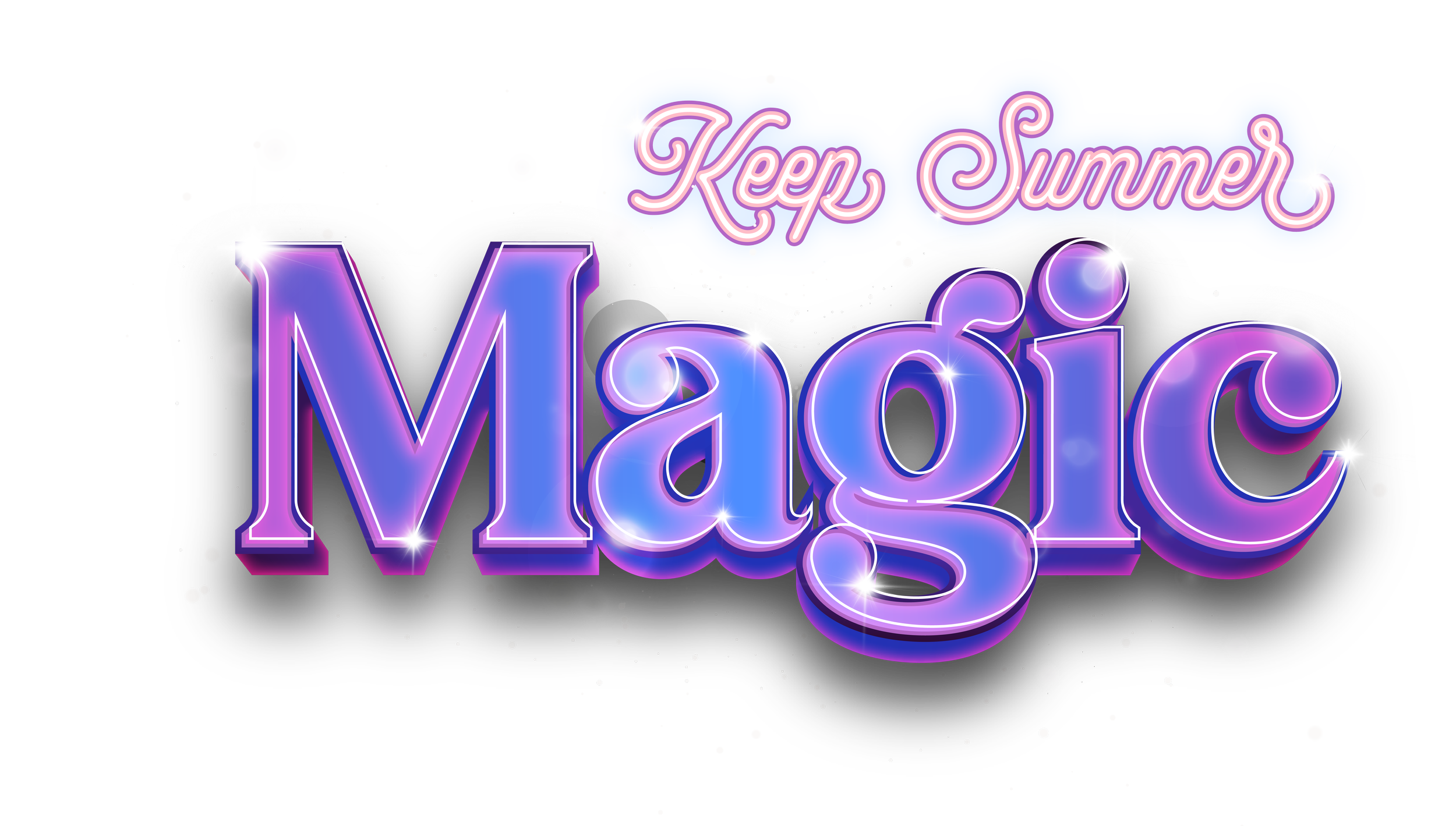 Bright, colorful neon-style text that reads "Keep Summer Magical" against a starry black background.