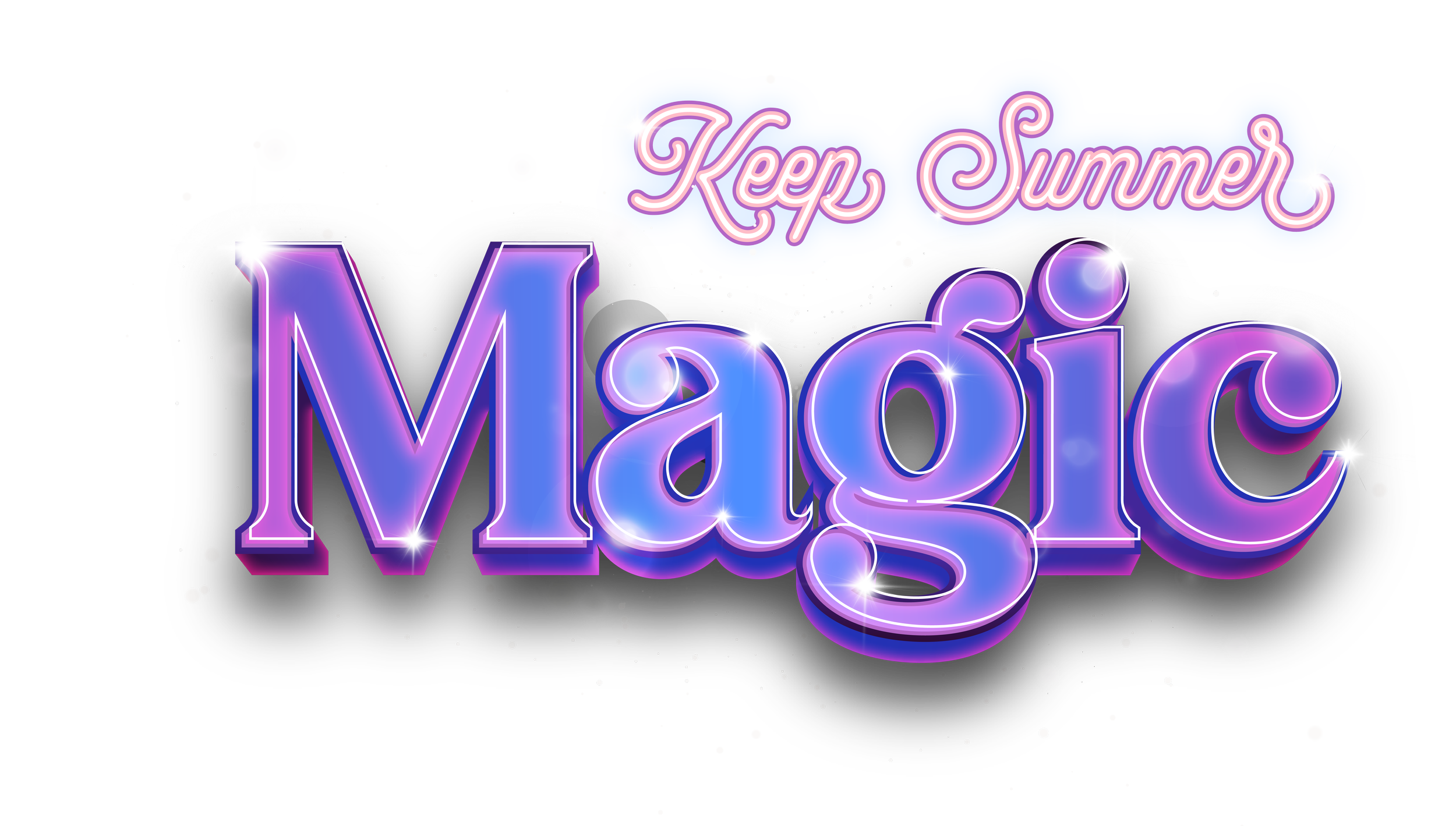 "Keep Summer Magic" logo in a colorful, neon, and shiny style with star-like sparkles.