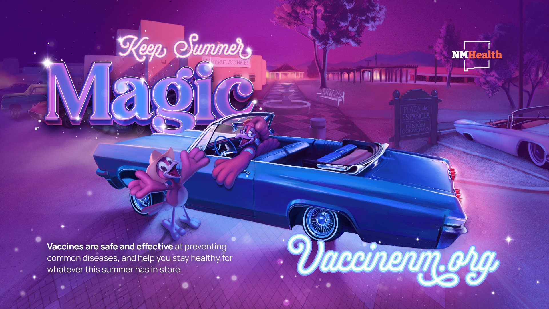 Animated illustration of a summer scene with a purple background, featuring cartoon characters of a duck and a pink bird sitting in a classic blue convertible car. The scene includes pink trees, a fountain, and a sign in Spanish, and is branded with 